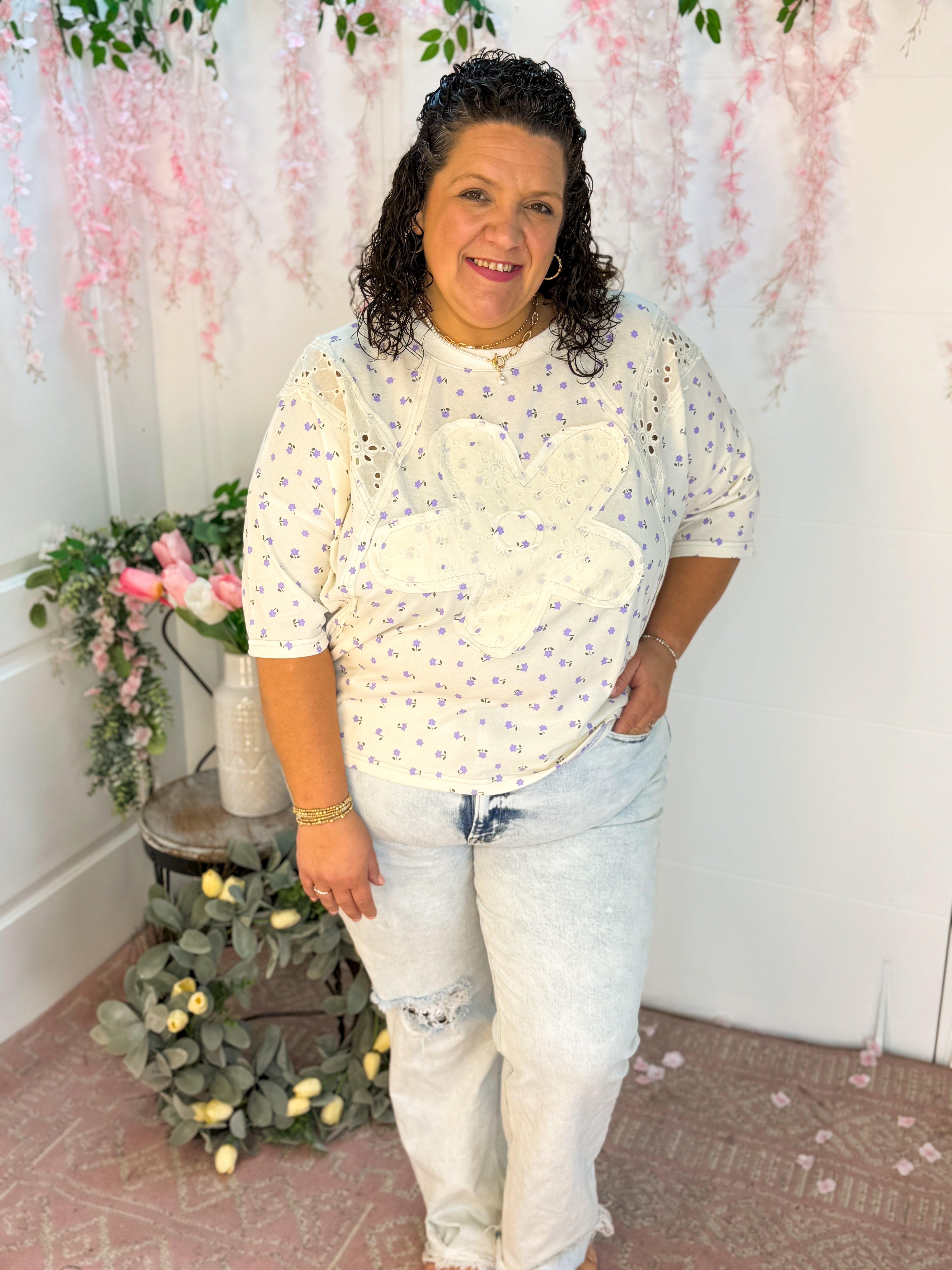 Lavender Ditsy Print Top-100 Short Sleeve Tops-easel-The Lovely Closet, Women's Fashion Boutique in Alexandria, KY