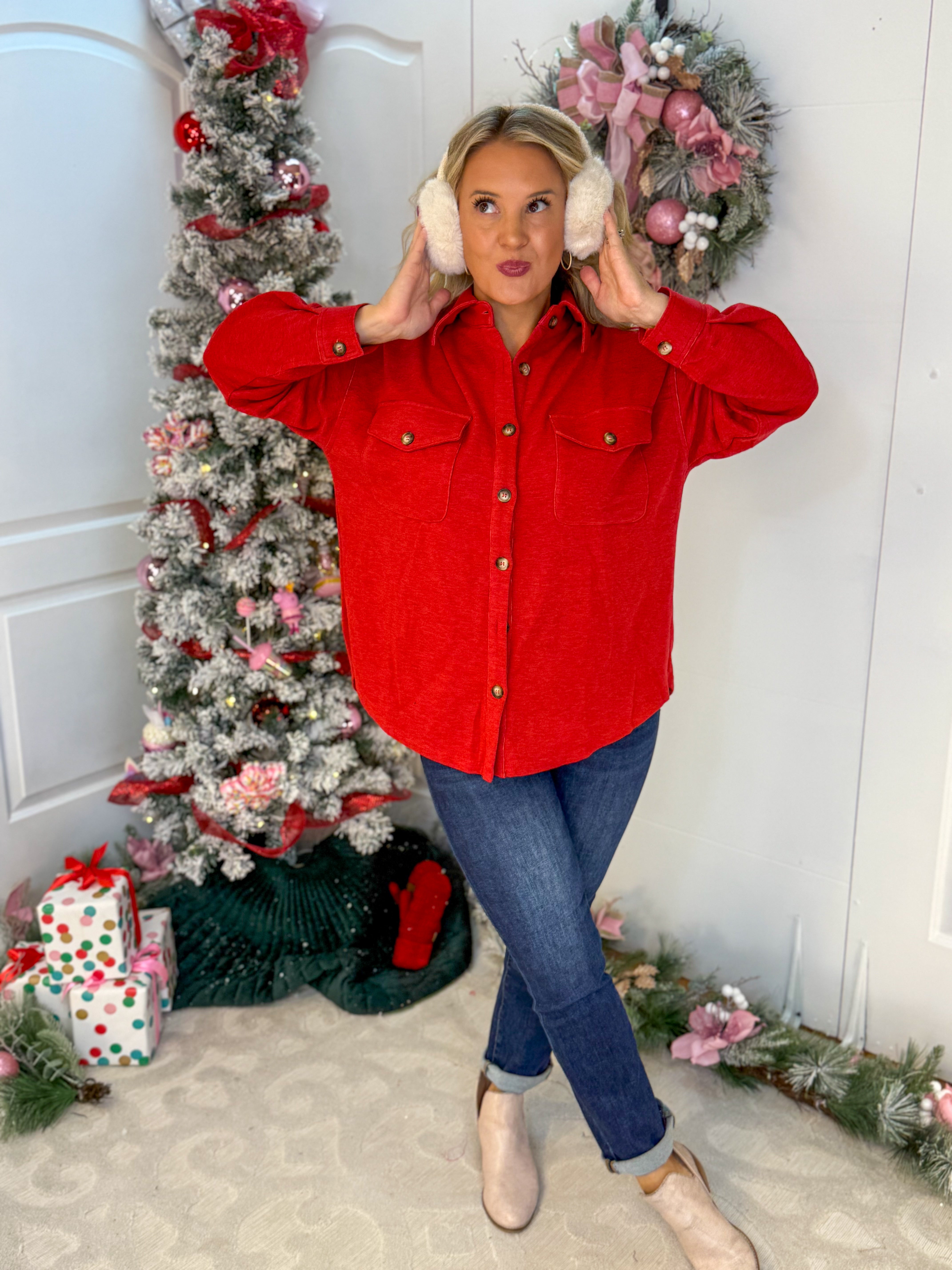 Cozy Season Button Down Shacket - Red-170 Jackets/Outerwear-White Birch-The Lovely Closet, Women's Fashion Boutique in Alexandria, KY
