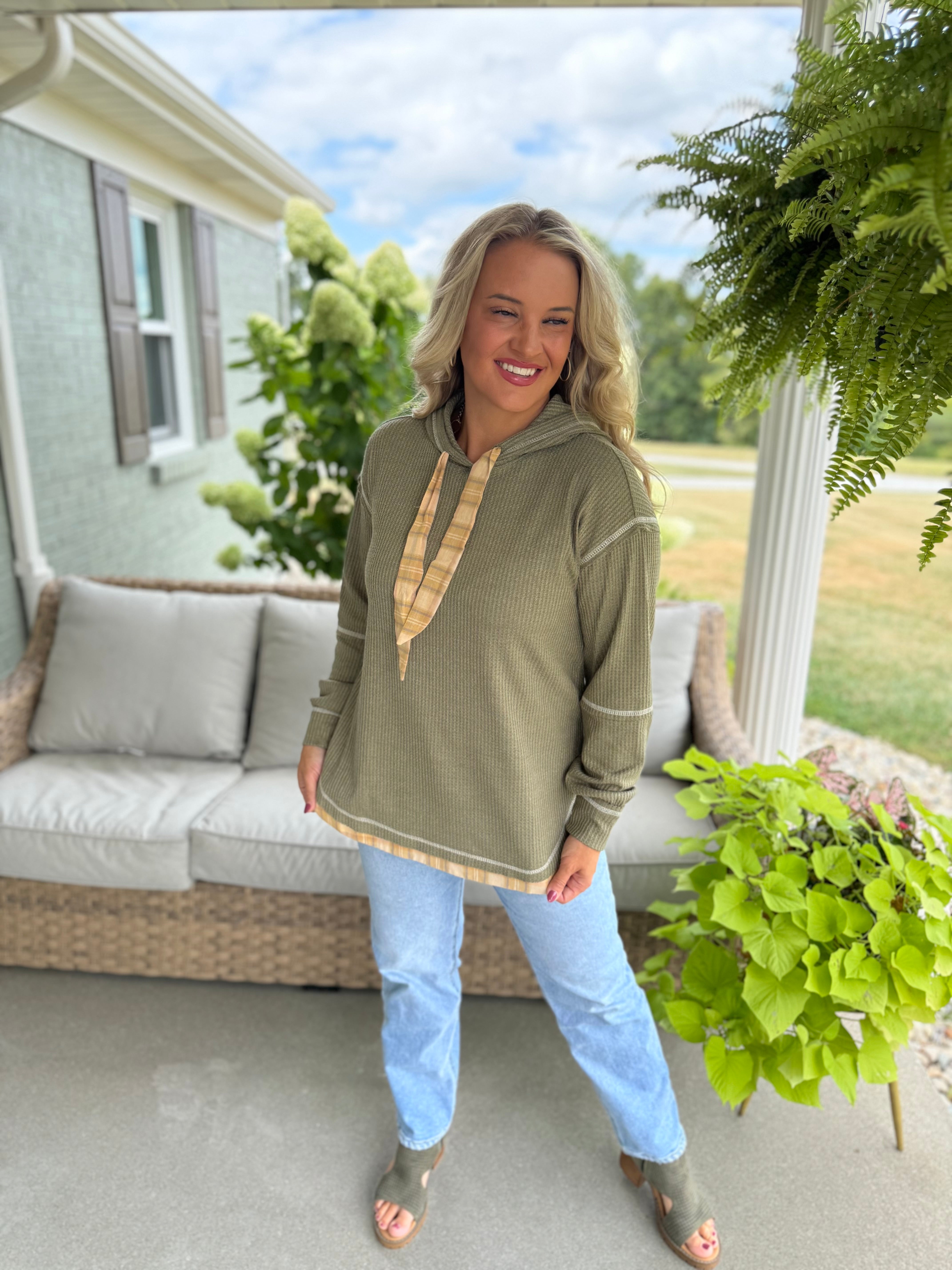 WAFFLE KNIT PLAID DETAIL HOODED PULLOVER-110 Long Sleeve Top-Doe and Rae-The Lovely Closet, Women's Fashion Boutique in Alexandria, KY