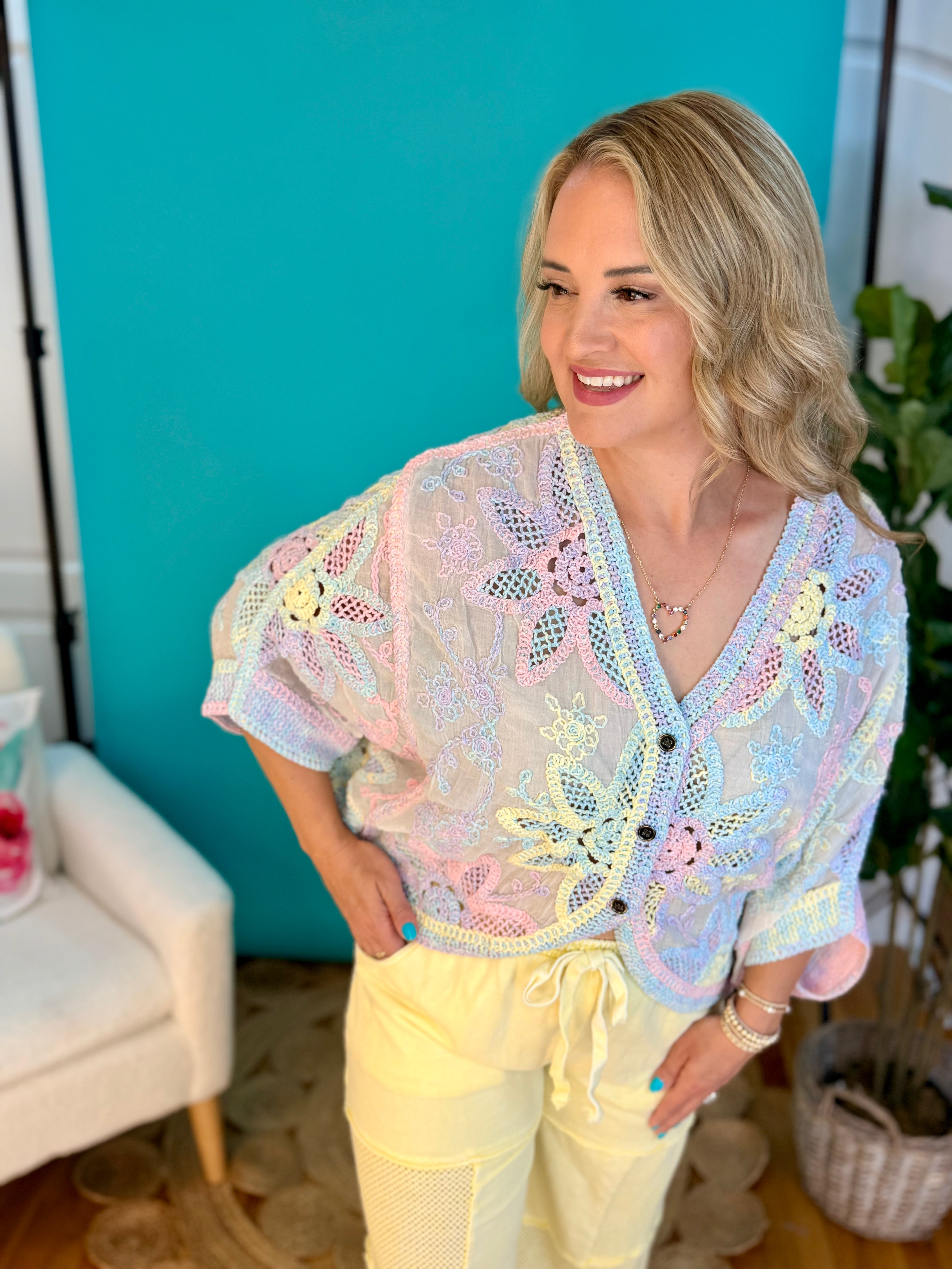 Crochet Cardigan - Multi Color - One Size-160 Cardigan/Kimonos-Pol Clothing-The Lovely Closet, Women's Fashion Boutique in Alexandria, KY