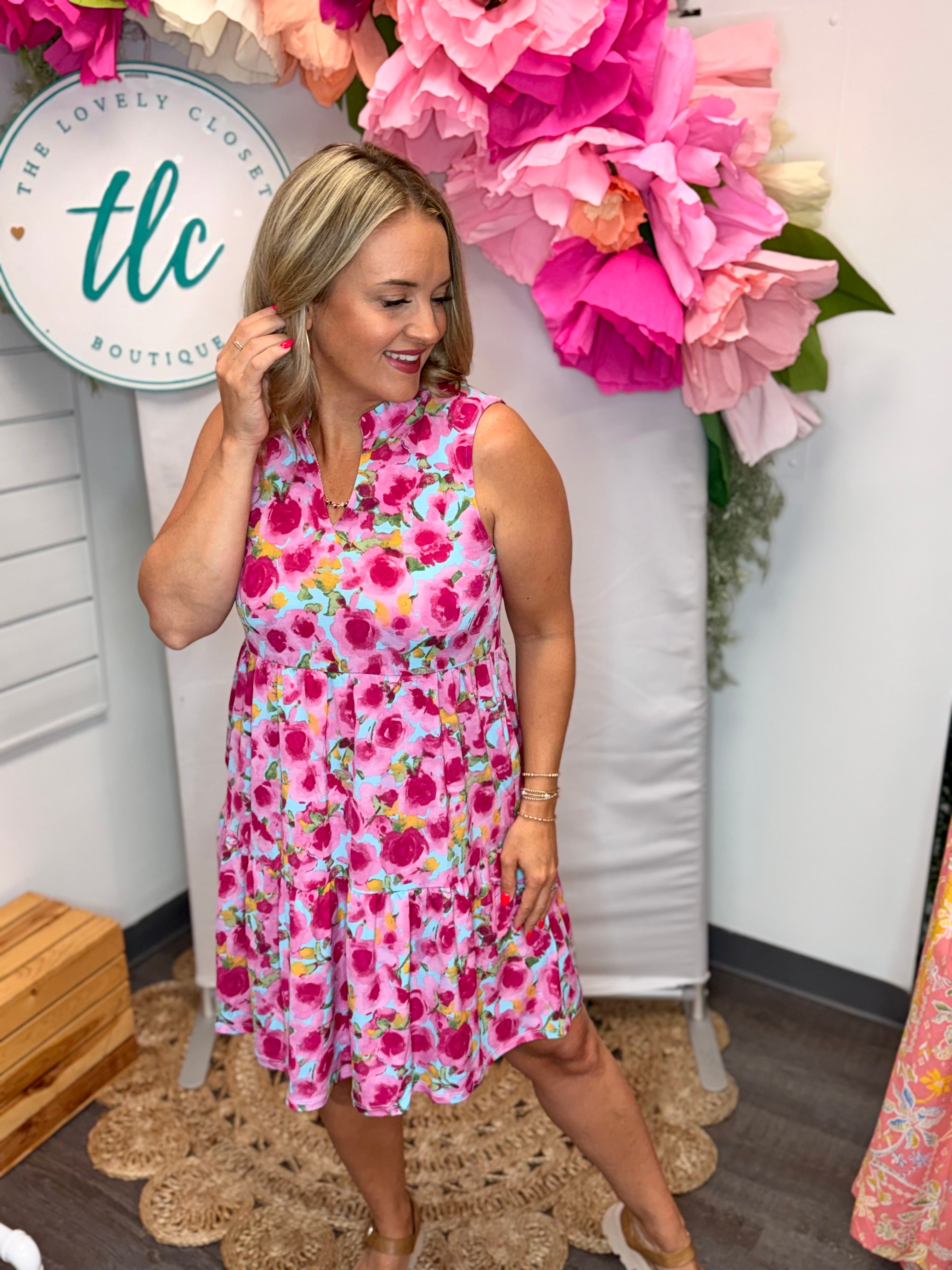 Pink Roses Lizzy Dress-180 Dresses-Dear Scarlett-The Lovely Closet, Women's Fashion Boutique in Alexandria, KY