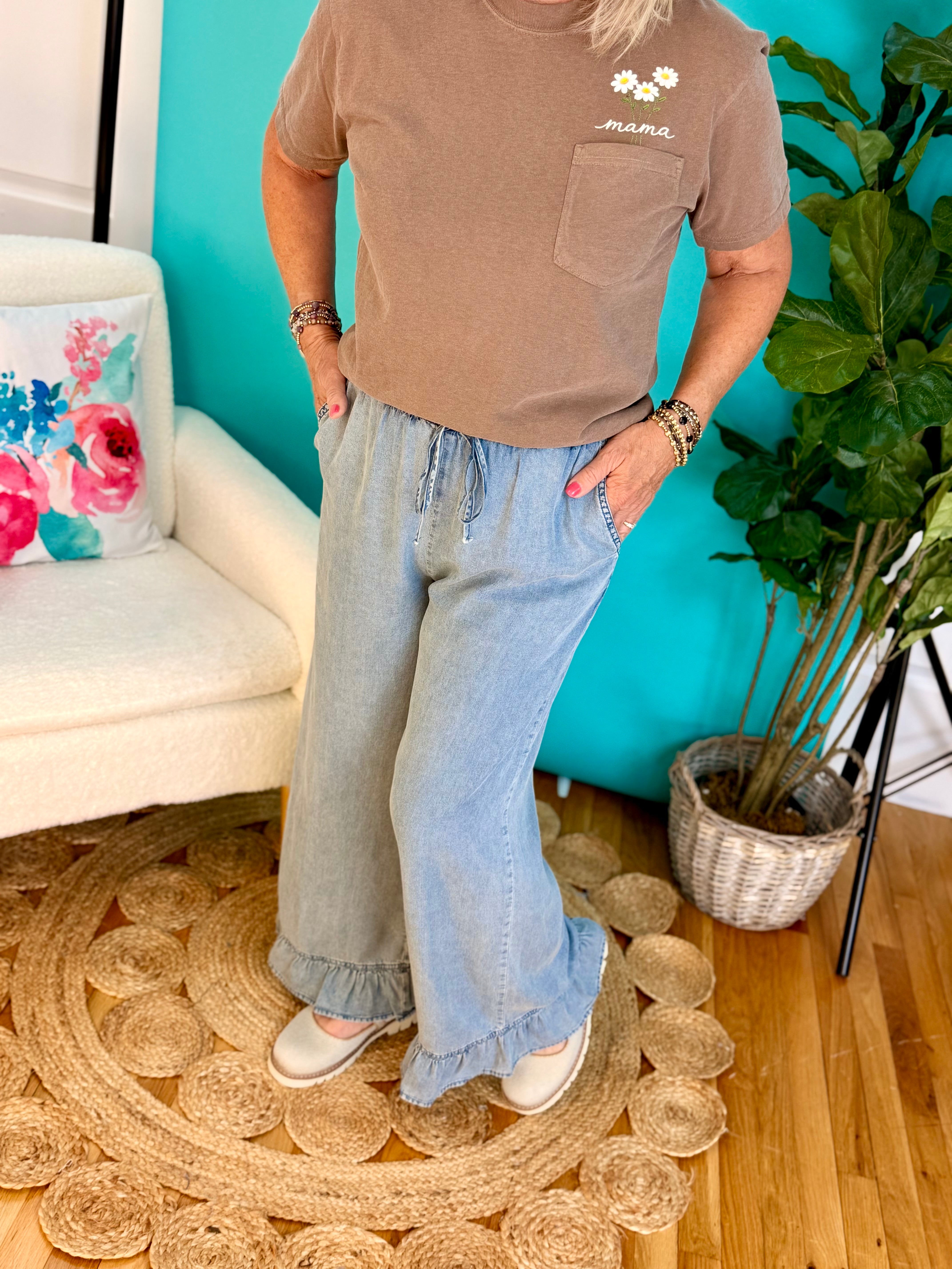 Good Days Only Denim Ruffle Pants-240 Pants-Doe and Rae-The Lovely Closet, Women's Fashion Boutique in Alexandria, KY