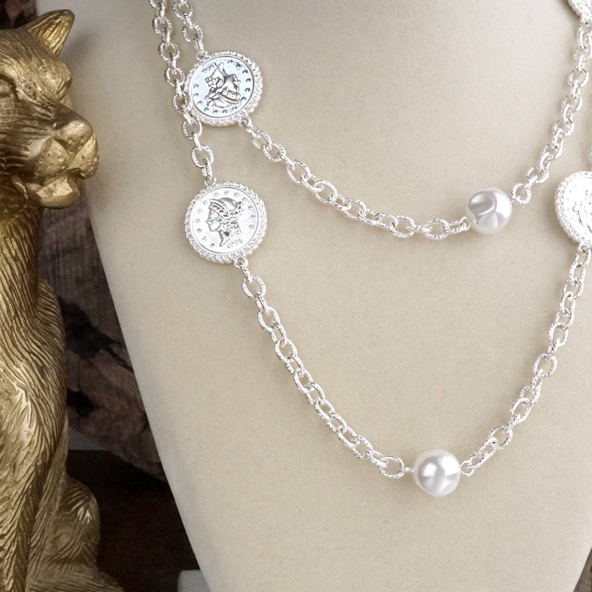 Starlit Relics – Coin & Pearl Station Necklace: Worn Gold Tone-250 Jewelry-PennyLine inc-The Lovely Closet, Women's Fashion Boutique in Alexandria, KY