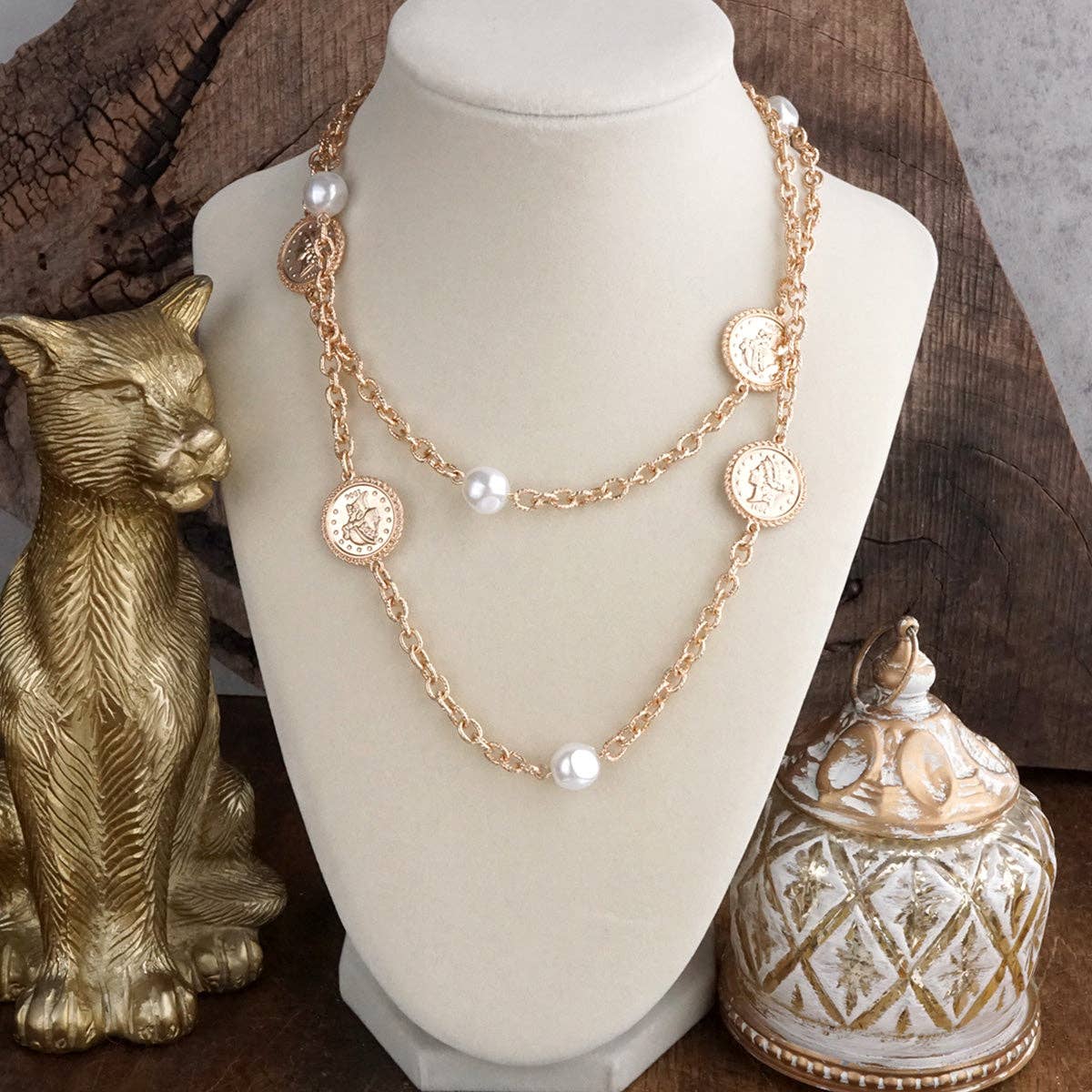 Starlit Relics – Coin & Pearl Station Necklace: Worn Gold Tone-250 Jewelry-PennyLine inc-The Lovely Closet, Women's Fashion Boutique in Alexandria, KY