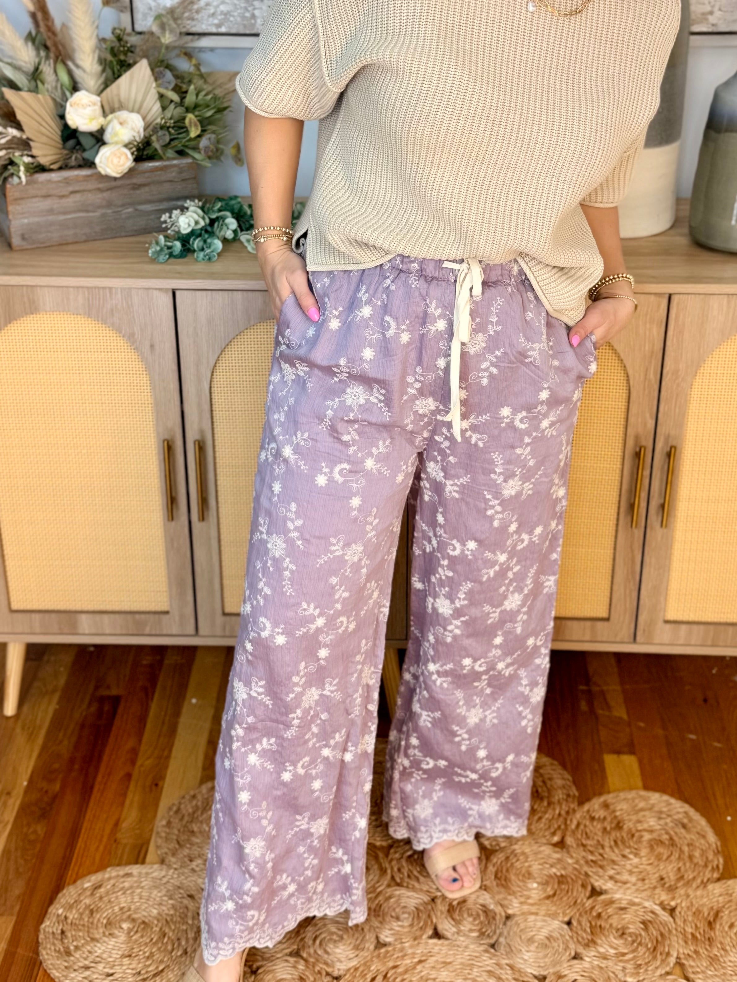 Garden Party Scallop Embroidered Pants-240 Pants-Doe and Rae-The Lovely Closet, Women's Fashion Boutique in Alexandria, KY