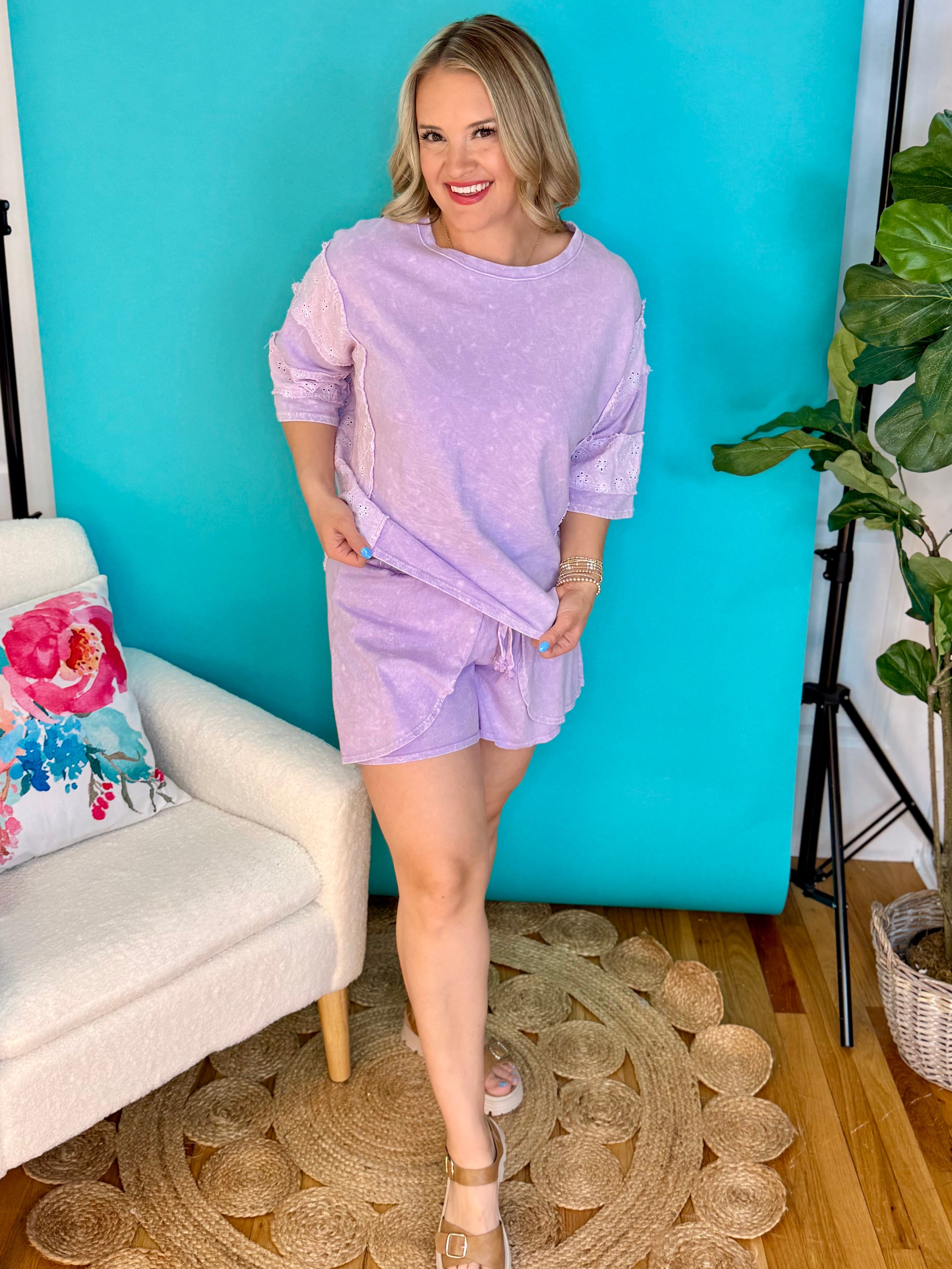 Mineral Washed Eyelet Lace Top - Lavender-100 Short Sleeve Tops-J.Her-The Lovely Closet, Women's Fashion Boutique in Alexandria, KY