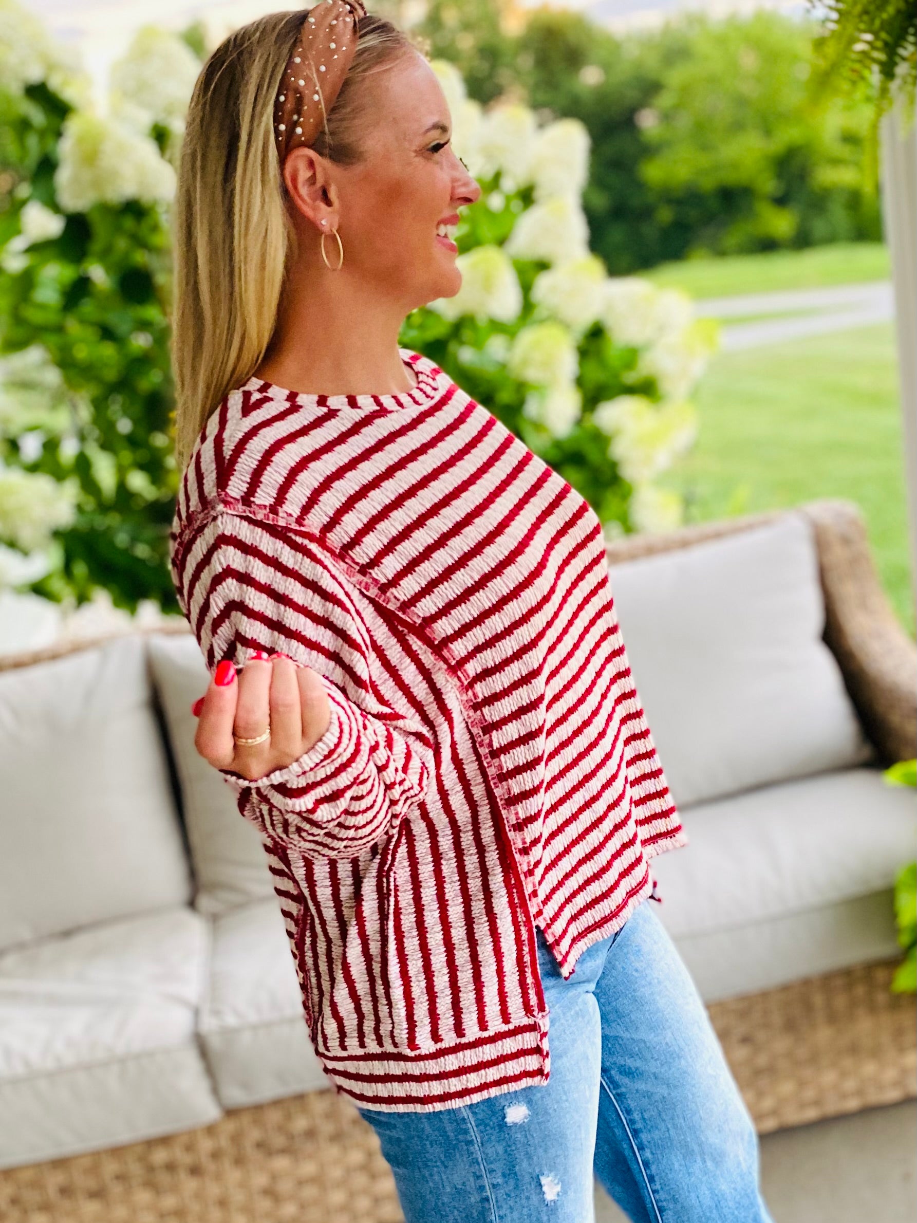 Driftwood Striped Top - Cranberry-110 Long Sleeve Top-bibi-The Lovely Closet, Women's Fashion Boutique in Alexandria, KY