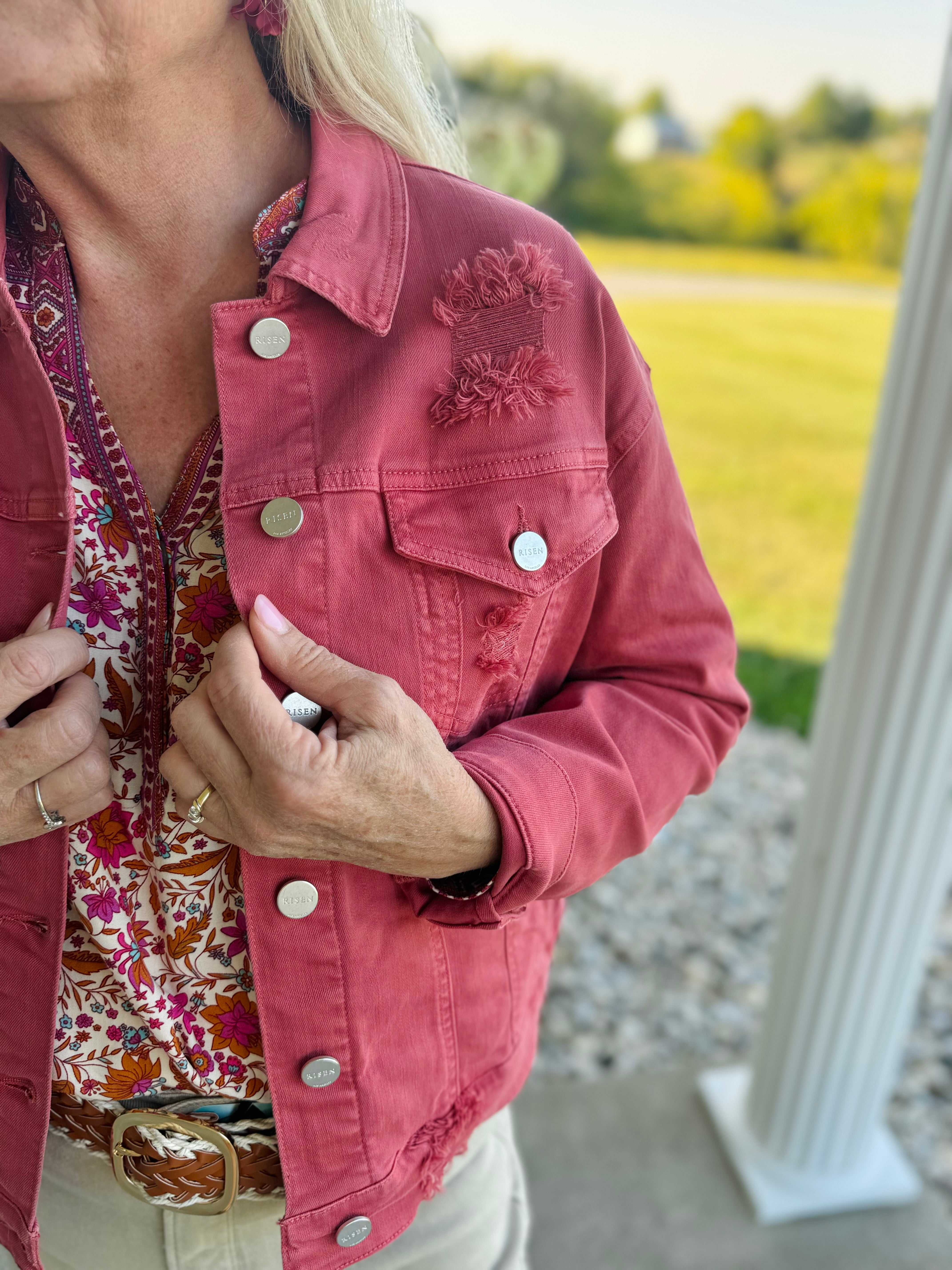 Risen - Distressed Jacket - Brick-170 Jackets/Outerwear-Risen-The Lovely Closet, Women's Fashion Boutique in Alexandria, KY