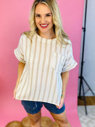 Where My Beaches At Top - Taupe Stripe-100 Short Sleeve Tops-eesome-The Lovely Closet, Women's Fashion Boutique in Alexandria, KY