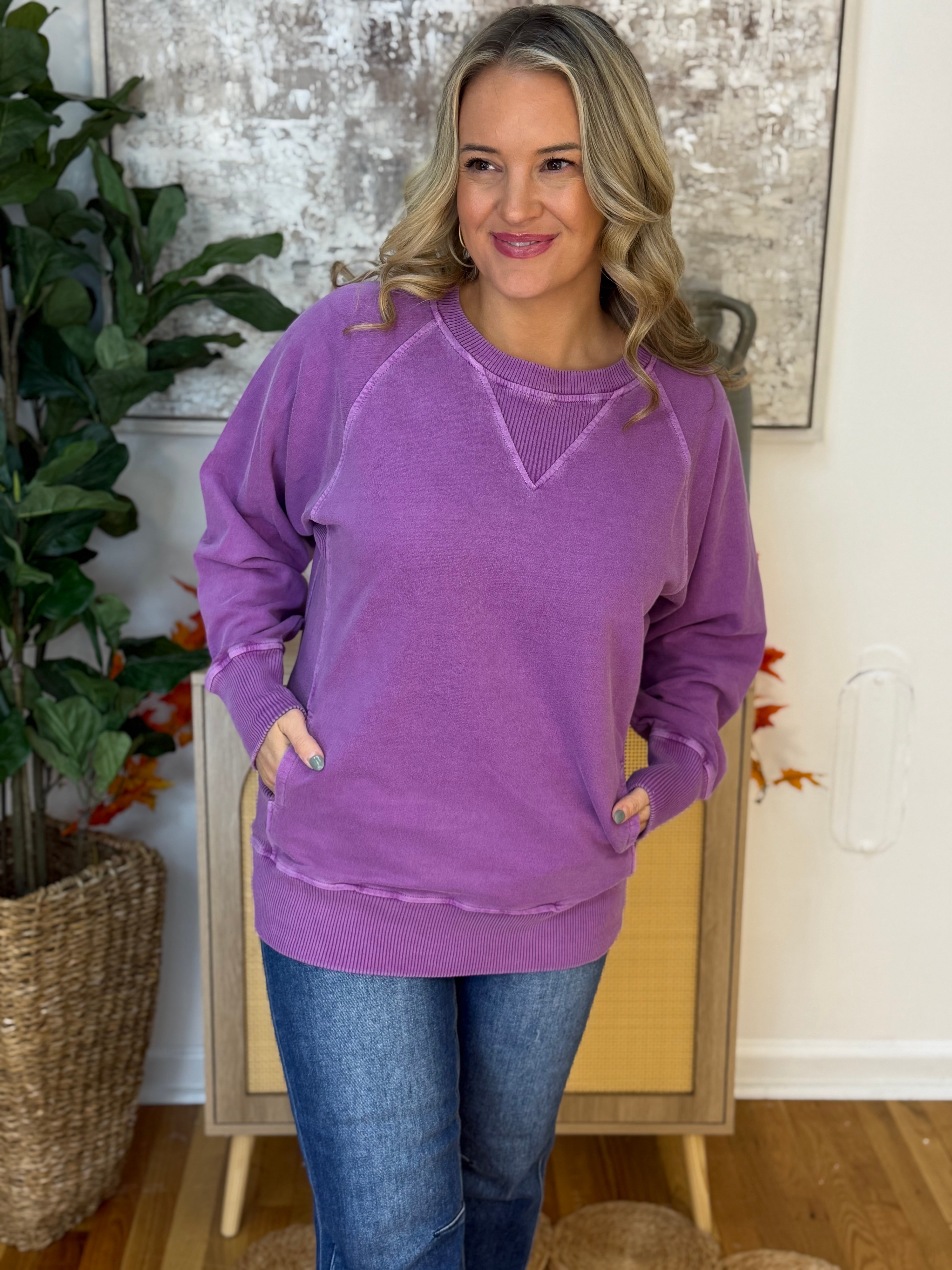 Keeping it Casual Pullover 2025 - Light Plum-150 Sweatshirts-zenana-The Lovely Closet, Women's Fashion Boutique in Alexandria, KY