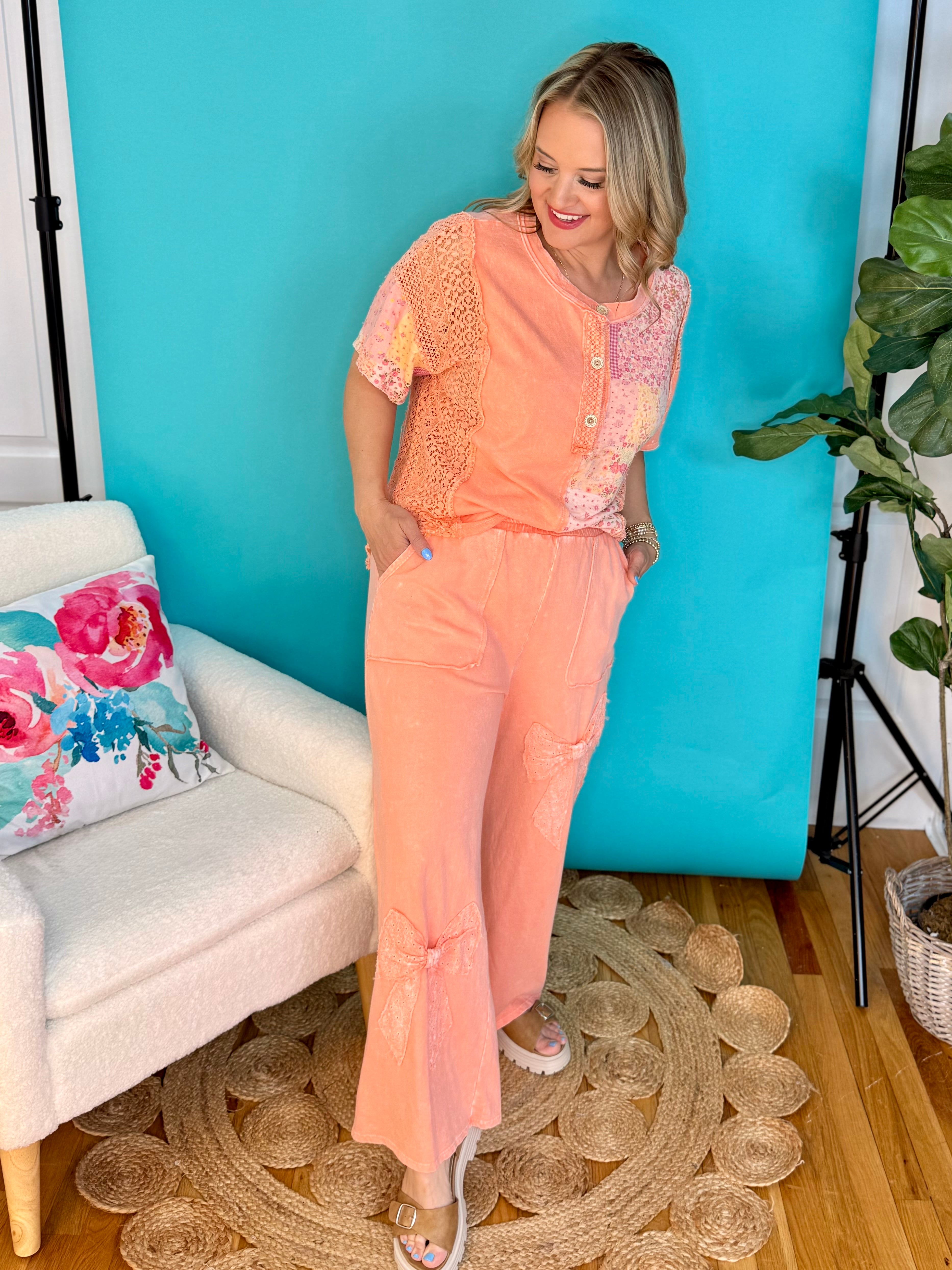 Mineral Washed Eyelet Bow pants-240 Pants-J.Her-The Lovely Closet, Women's Fashion Boutique in Alexandria, KY