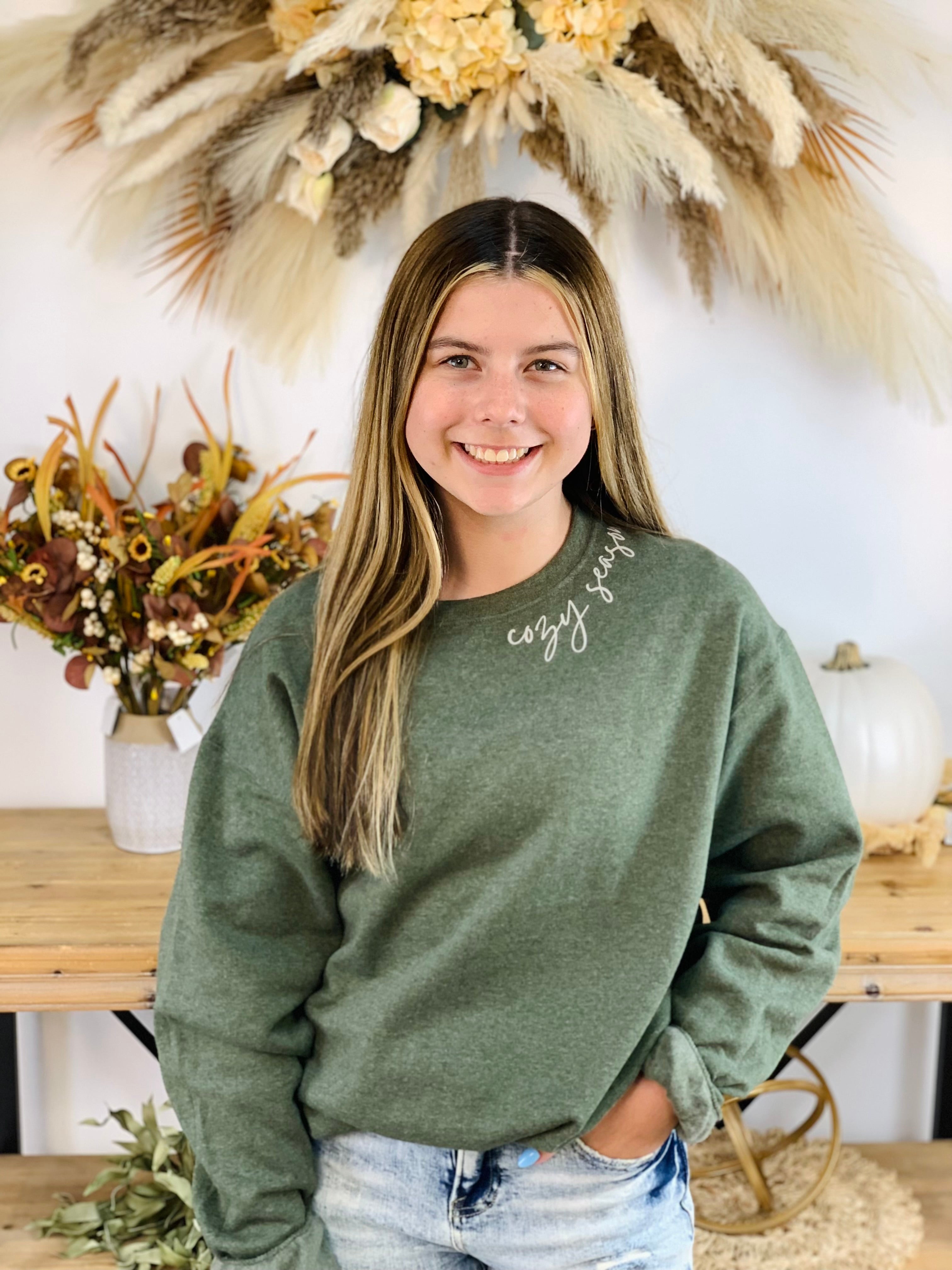 *Pre-Order* Cozy Season Collar Design Crewneck - Heathered Olive-150 Sweatshirts-The Lovely Closet-The Lovely Closet, Women's Fashion Boutique in Alexandria, KY