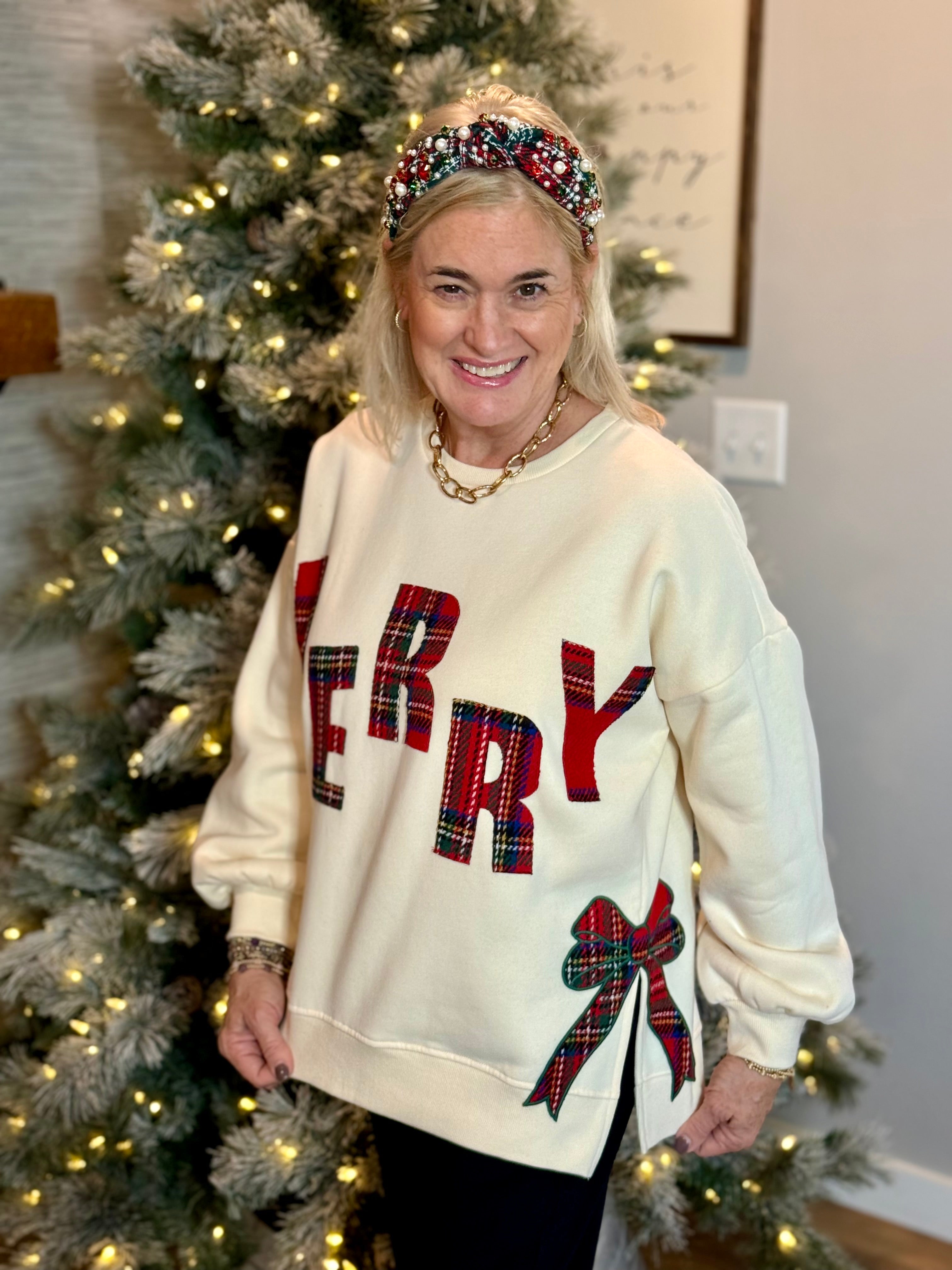 Plaid Merry Applique Pullover-110 Long Sleeve Top-Bibi-The Lovely Closet, Women's Fashion Boutique in Alexandria, KY