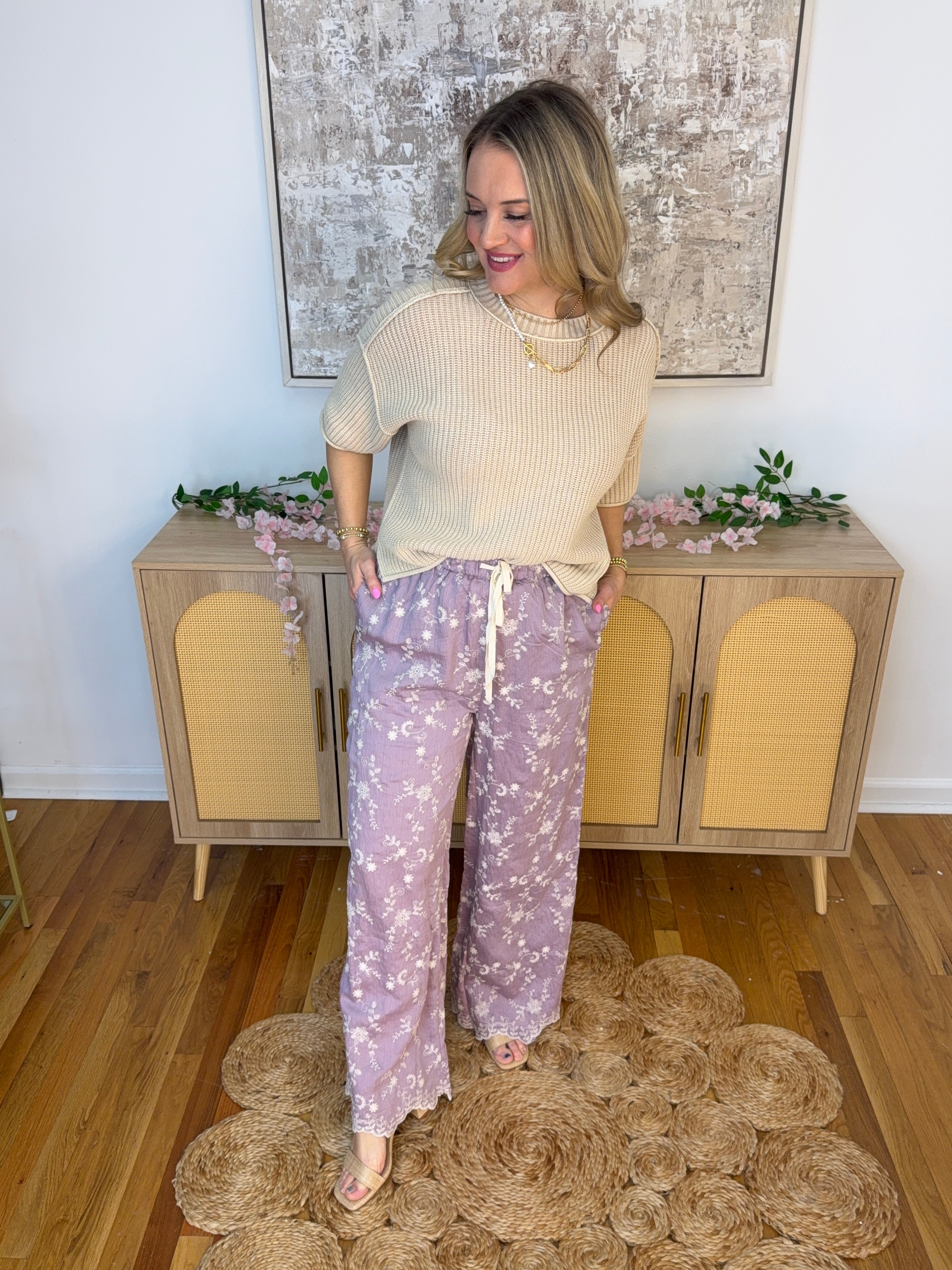 Garden Party Scallop Embroidered Pants-240 Pants-Doe and Rae-The Lovely Closet, Women's Fashion Boutique in Alexandria, KY