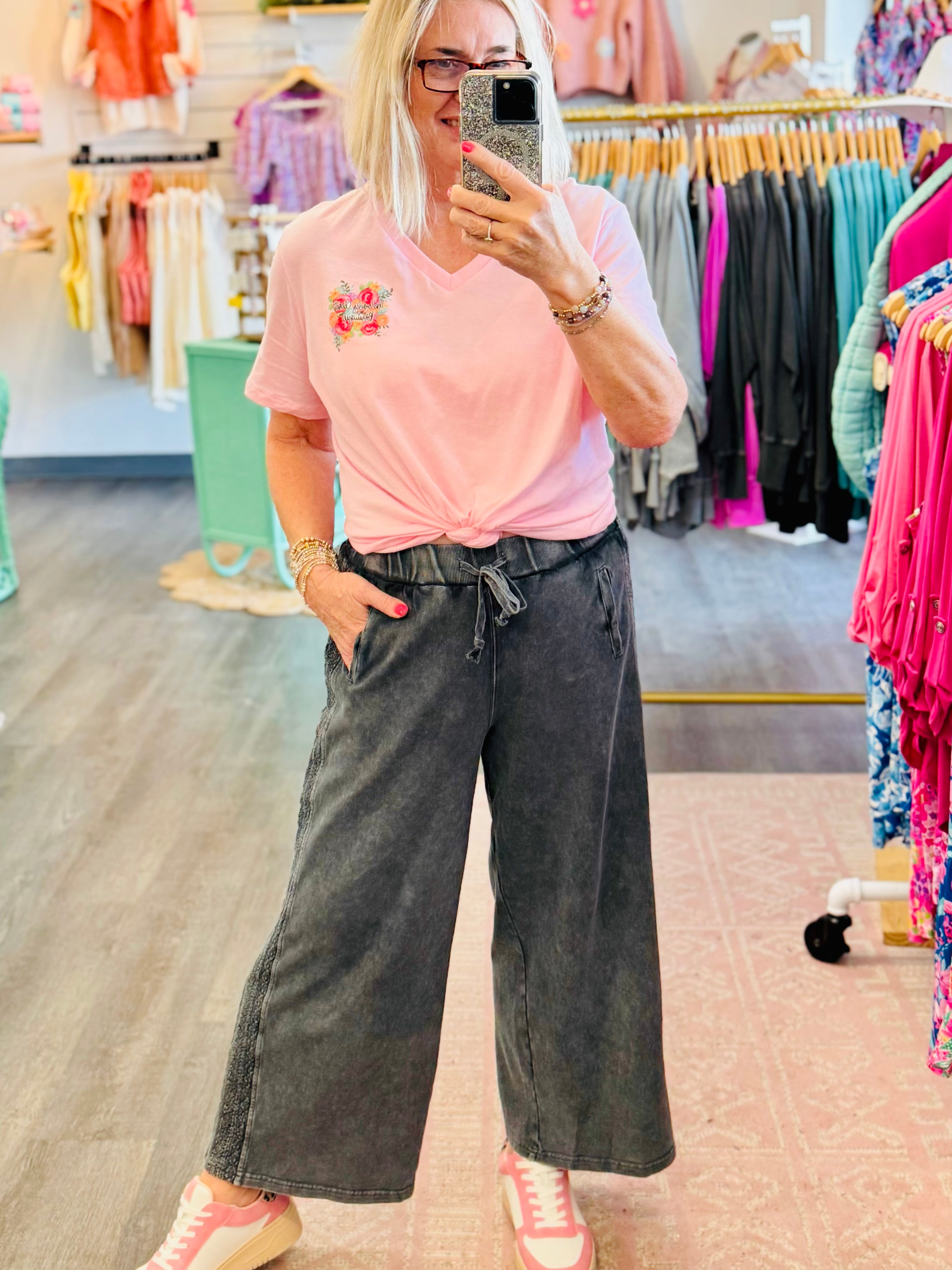 FINAL SALE- On the Casual Side Lace Detail Pants - Ash-240 Pants-The Lovely Closet-The Lovely Closet, Women's Fashion Boutique in Alexandria, KY