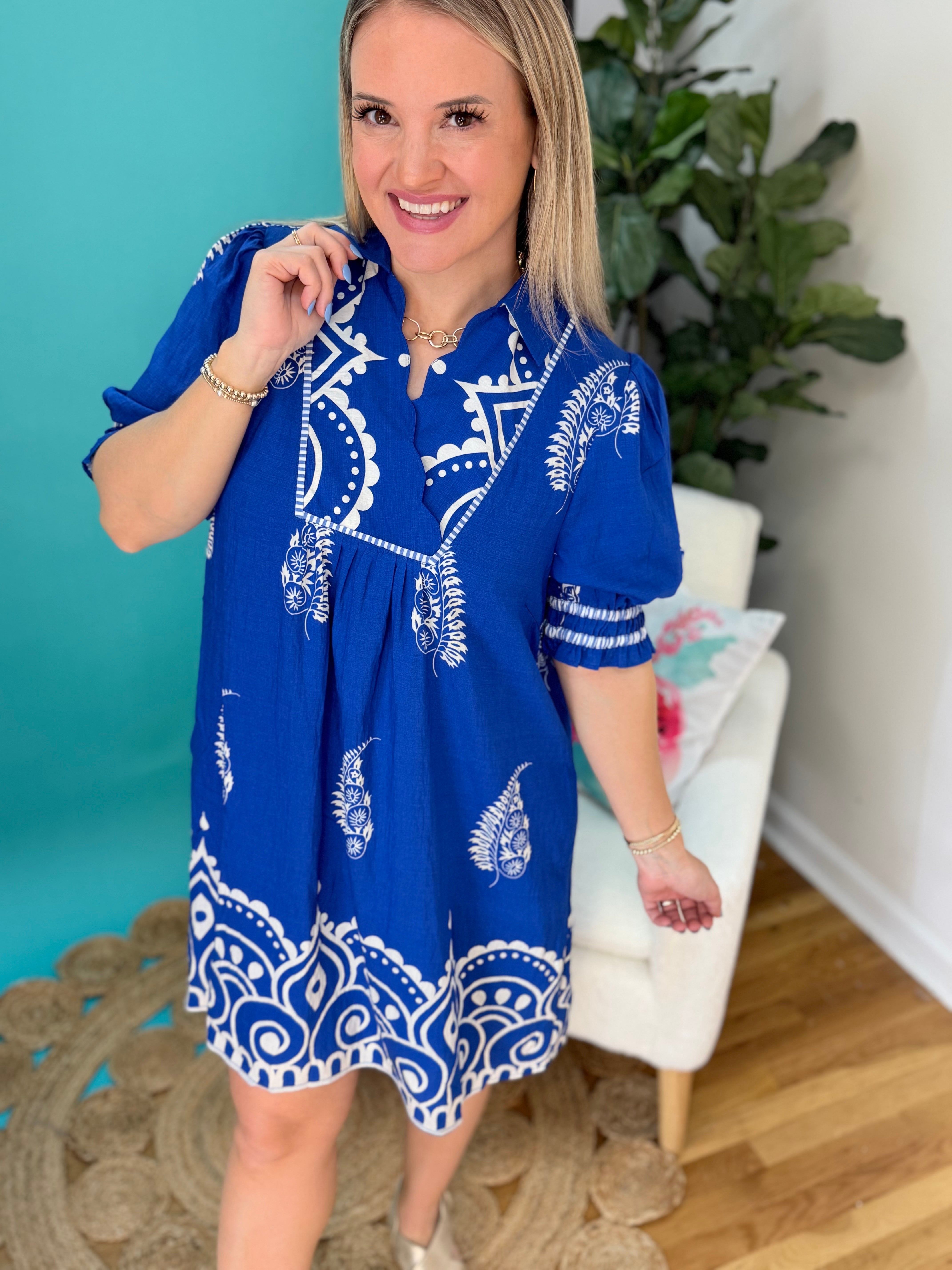 Sapphire Blooms Dress-180 Dresses-umgee-The Lovely Closet, Women's Fashion Boutique in Alexandria, KY