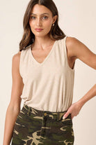 T10013-RIB KNIT V-NECK TANK TOP - Oatmeal-120 Sleeveless Tops-mittoshop-The Lovely Closet, Women's Fashion Boutique in Alexandria, KY