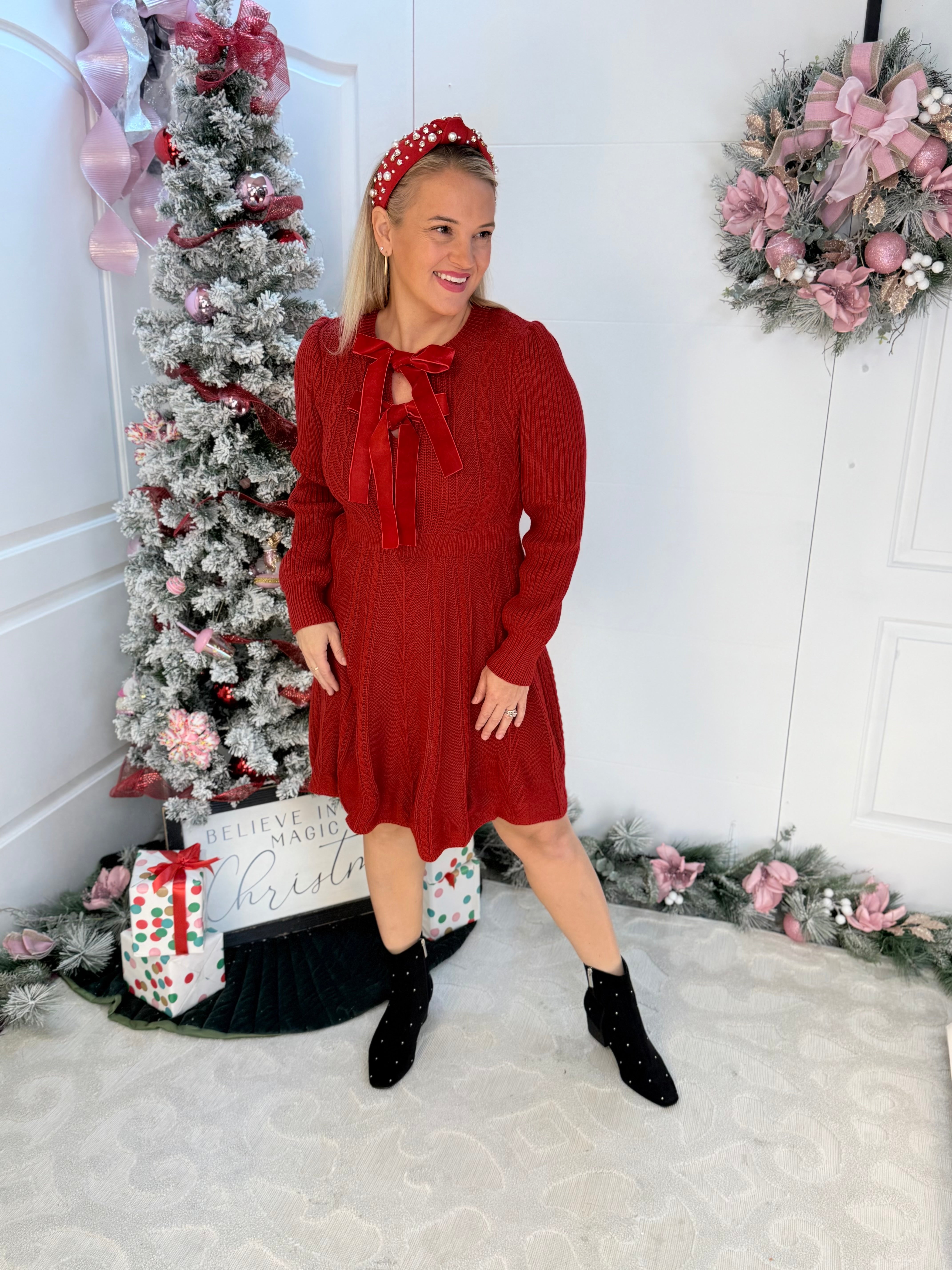 Christmas Velvet Bow Cable Sweater Dress-110 Long Sleeve Top-Bibi-The Lovely Closet, Women's Fashion Boutique in Alexandria, KY