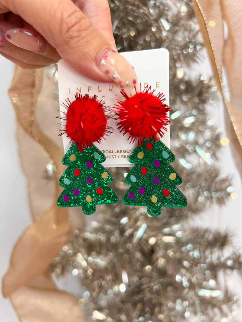 Christmas Tree Pom Earrings