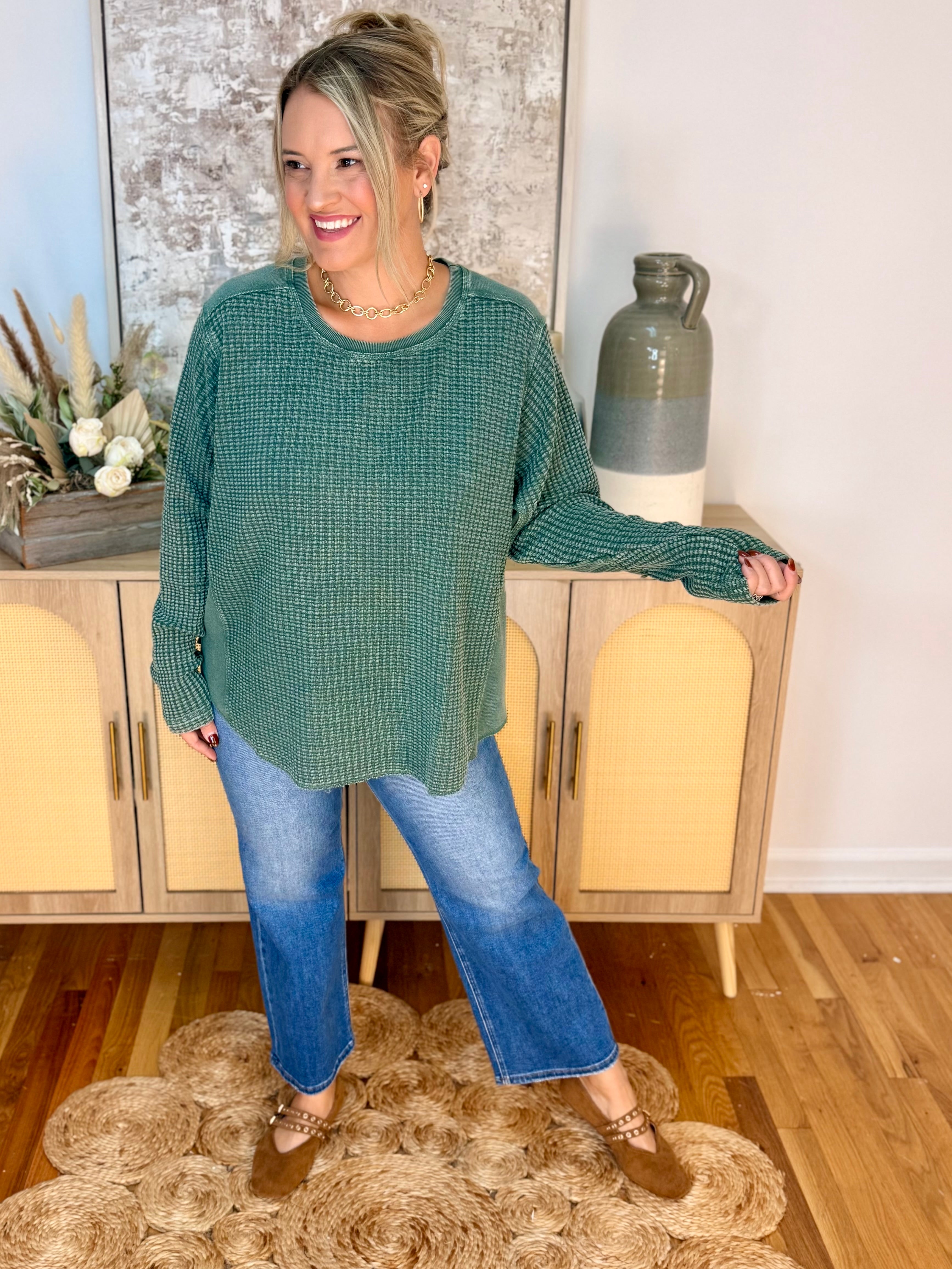 Something Extra waffle Knit Top - Pine-110 Long Sleeve Top-easel-The Lovely Closet, Women's Fashion Boutique in Alexandria, KY