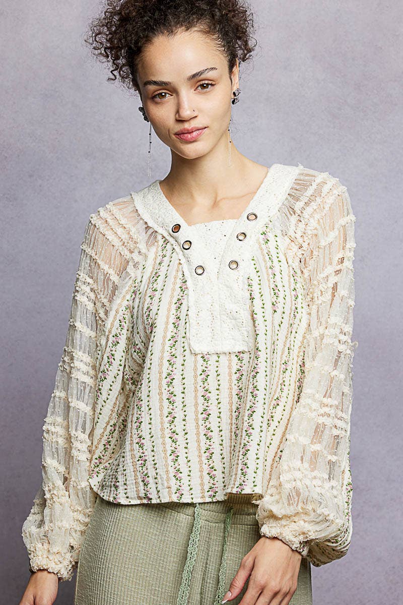 Long Sleeve Lace Contrast Printed Woven Top-110 Long Sleeve Top-Pol Clothing-The Lovely Closet, Women's Fashion Boutique in Alexandria, KY