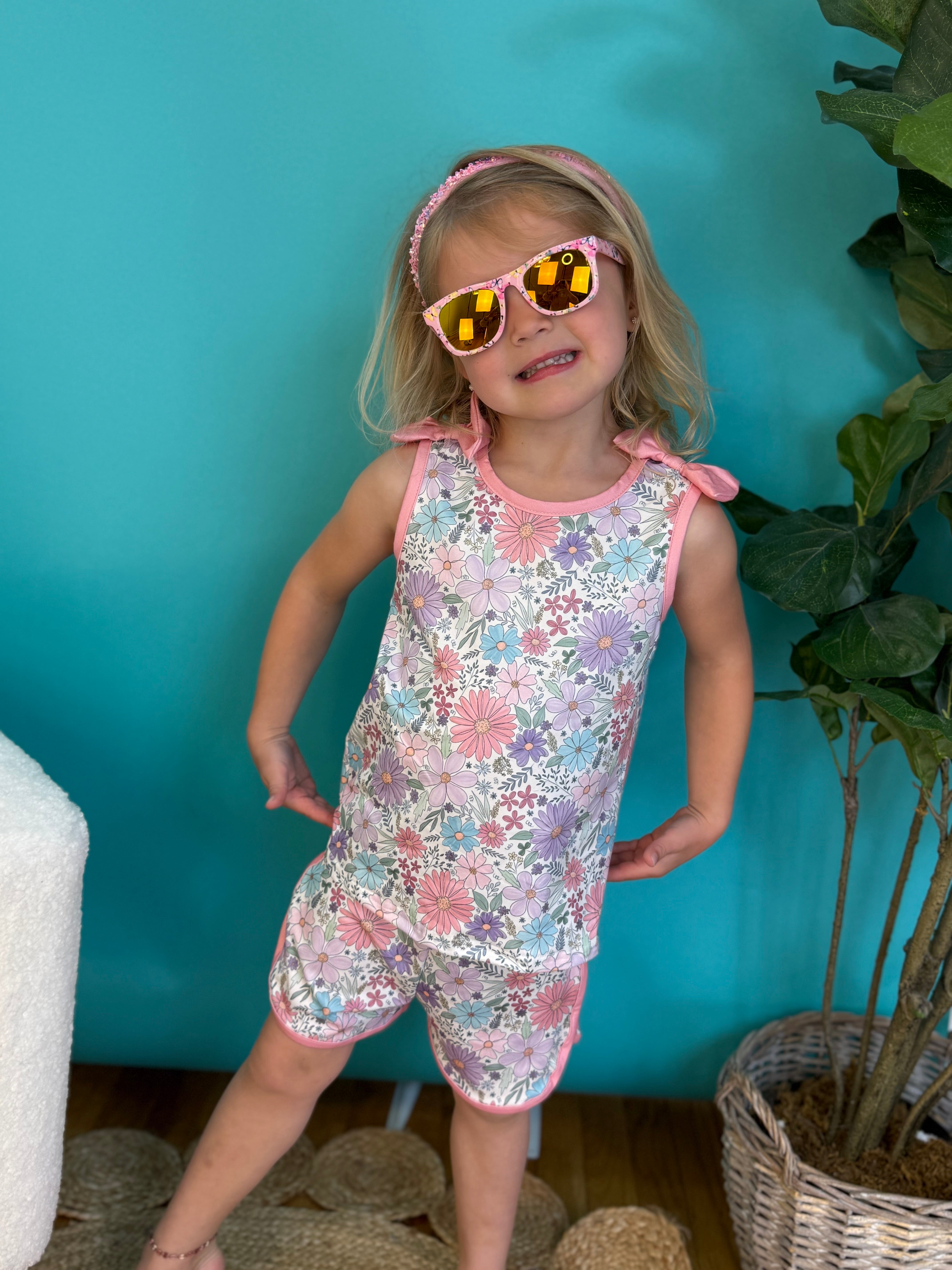 Girls Pink Floral Sleeveless Top/Shorts Set-360 Carolines Closet-Rylee Faith Designs-The Lovely Closet, Women's Fashion Boutique in Alexandria, KY