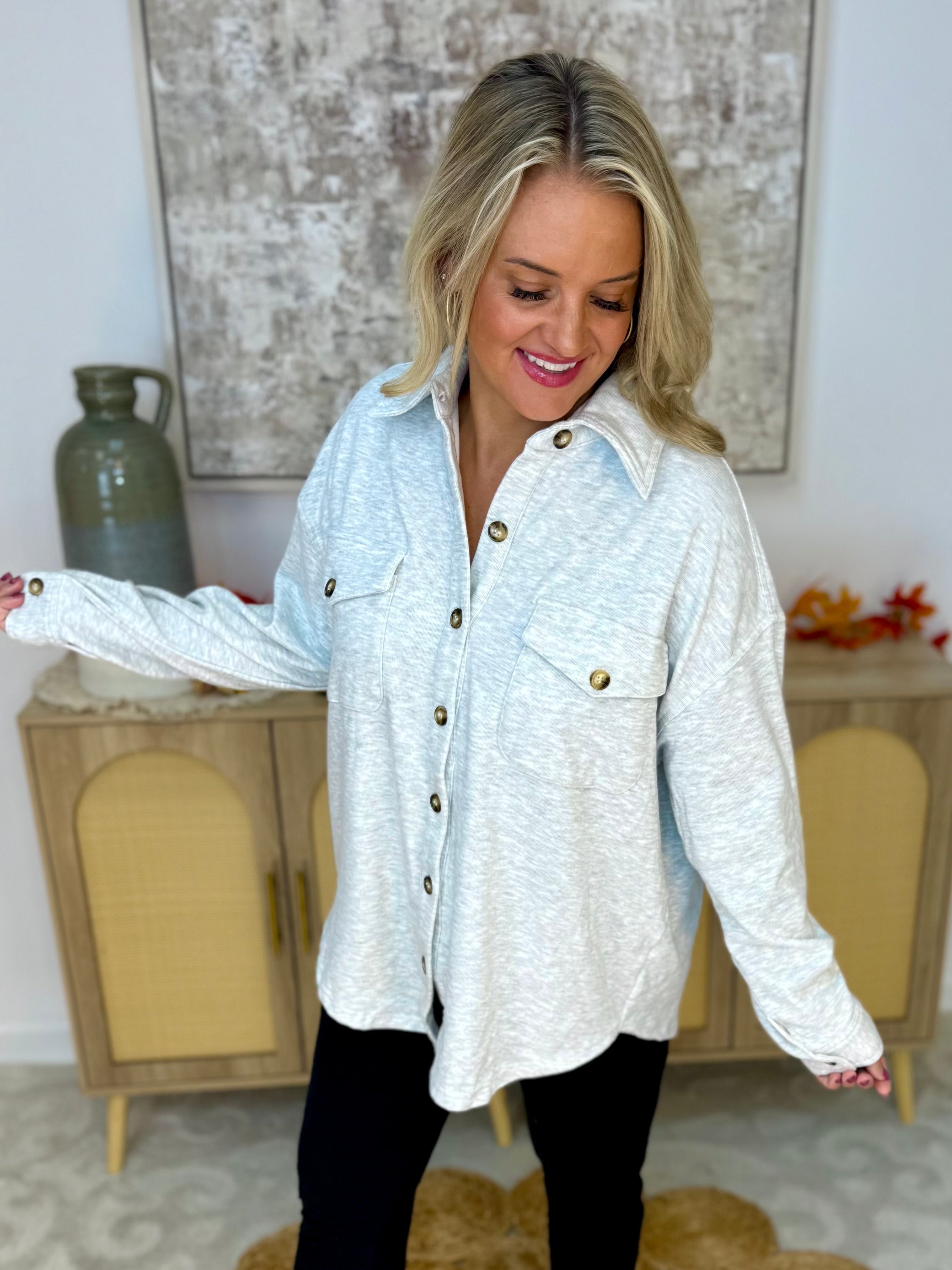 Cozy Season Button Down Shacket - Grey-170 Jackets/Outerwear-White Birch-The Lovely Closet, Women's Fashion Boutique in Alexandria, KY
