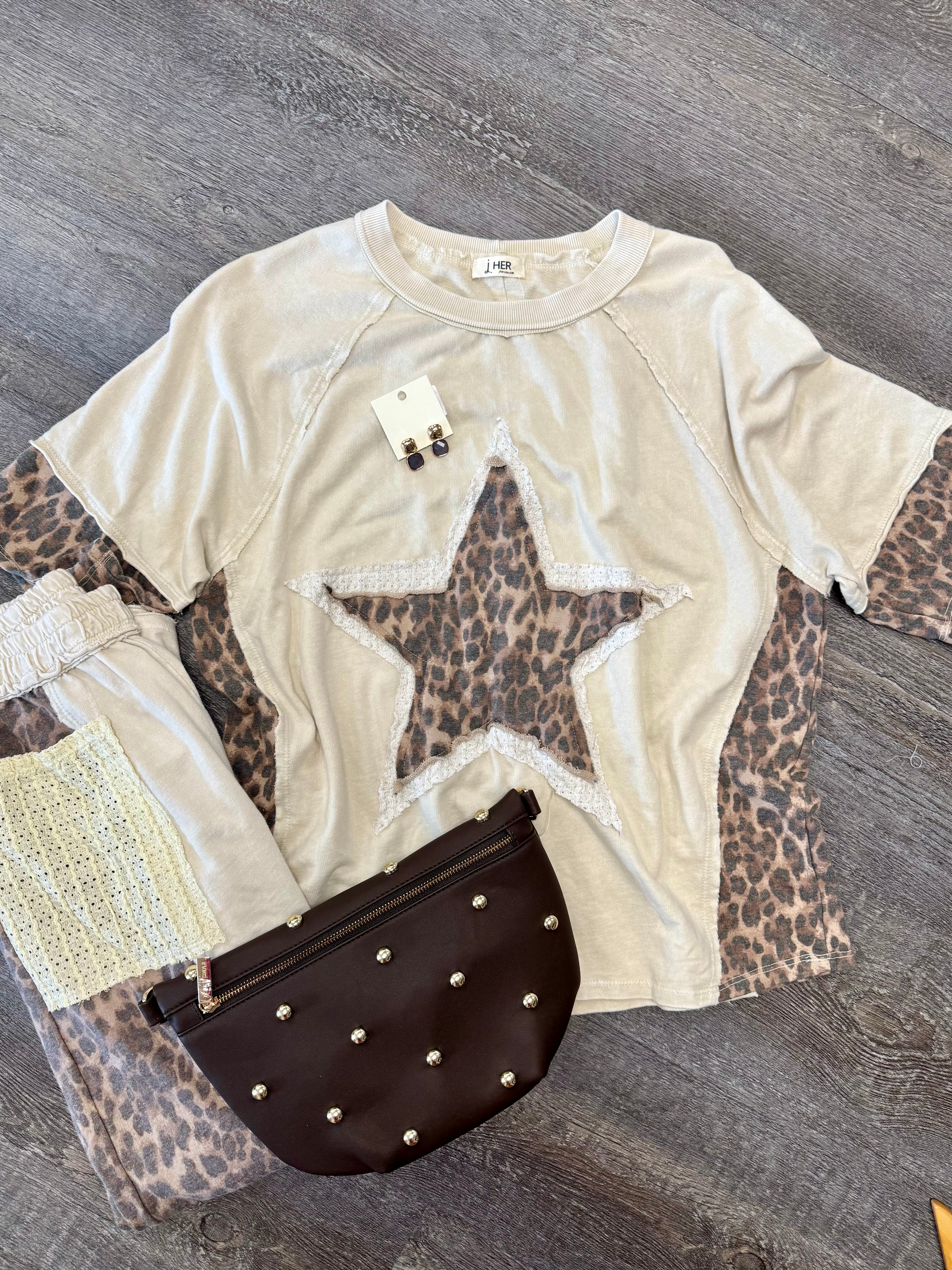 Mineral Washed Leopard Star Top-100 Short Sleeve Tops-J.Her-The Lovely Closet, Women's Fashion Boutique in Alexandria, KY