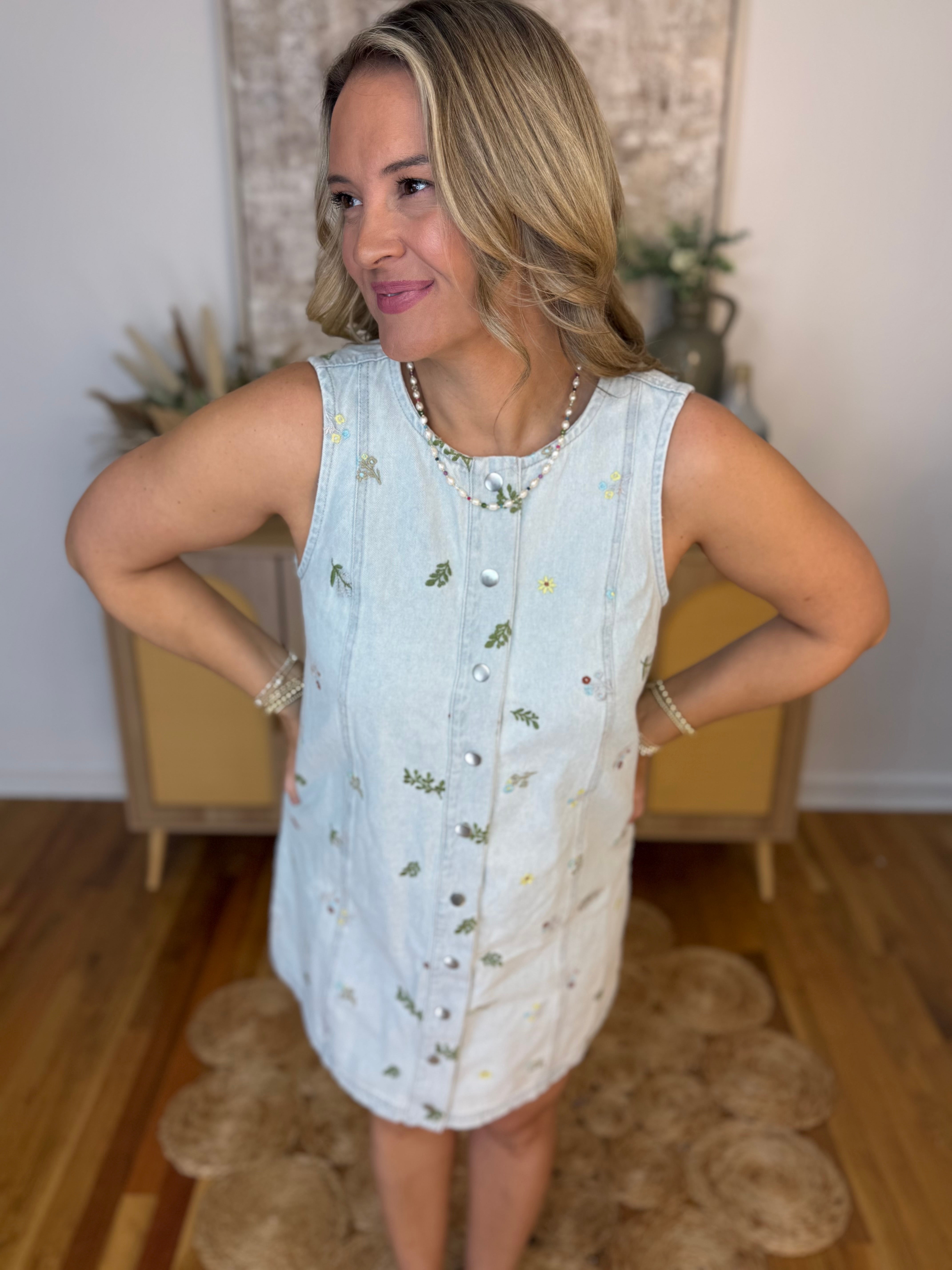 Fresh Picked Embroidered Denim Shift Dress-180 Dresses-Blu Pepper-The Lovely Closet, Women's Fashion Boutique in Alexandria, KY