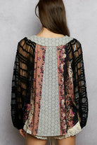 Long Sleeve Lace Contrast Printed Woven Top-110 Long Sleeve Top-Pol Clothing-The Lovely Closet, Women's Fashion Boutique in Alexandria, KY