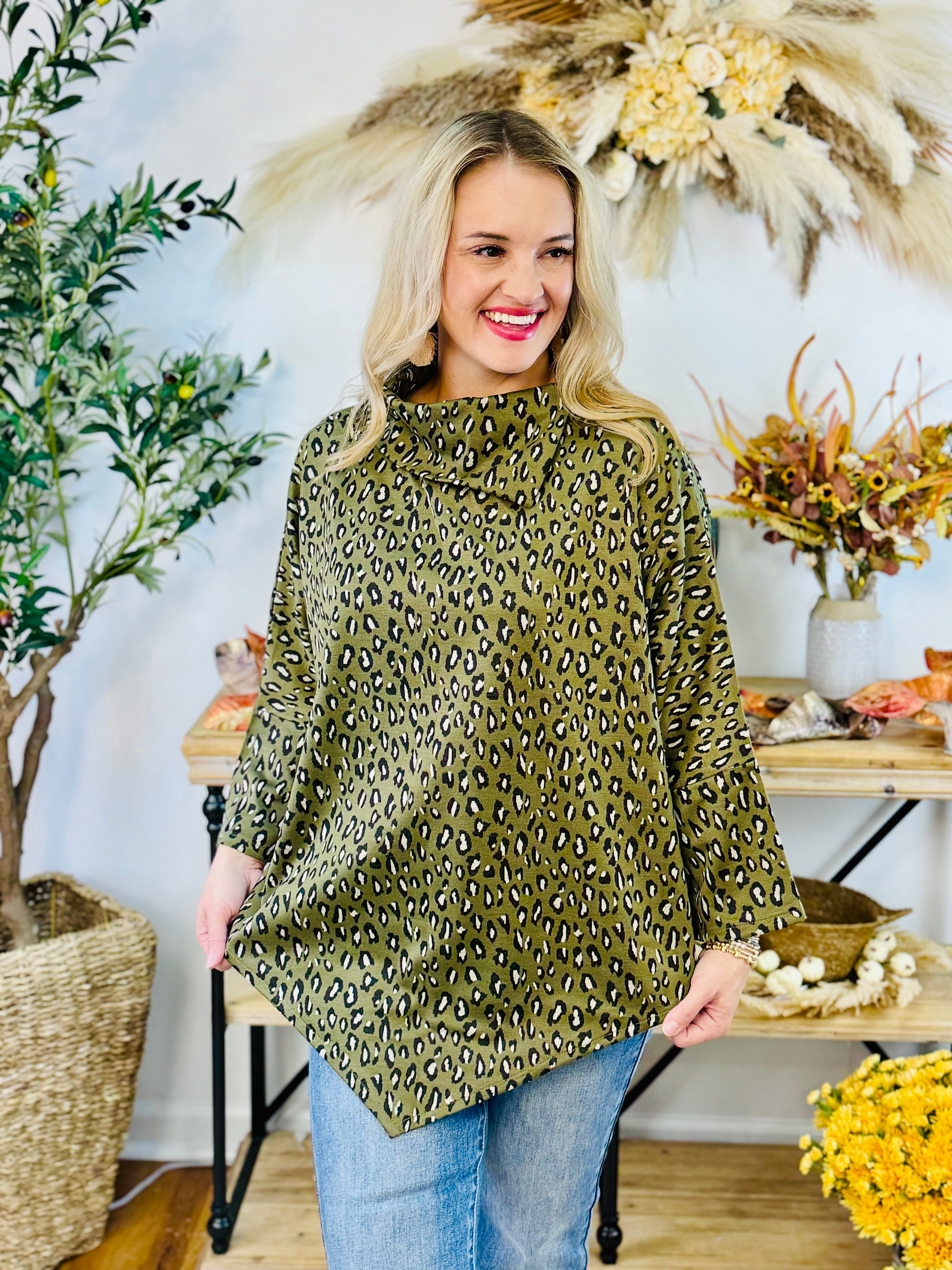 FINAL SALE Olive Leopard Poncho-110 Long Sleeve Top-The Lovely Closet-The Lovely Closet, Women's Fashion Boutique in Alexandria, KY