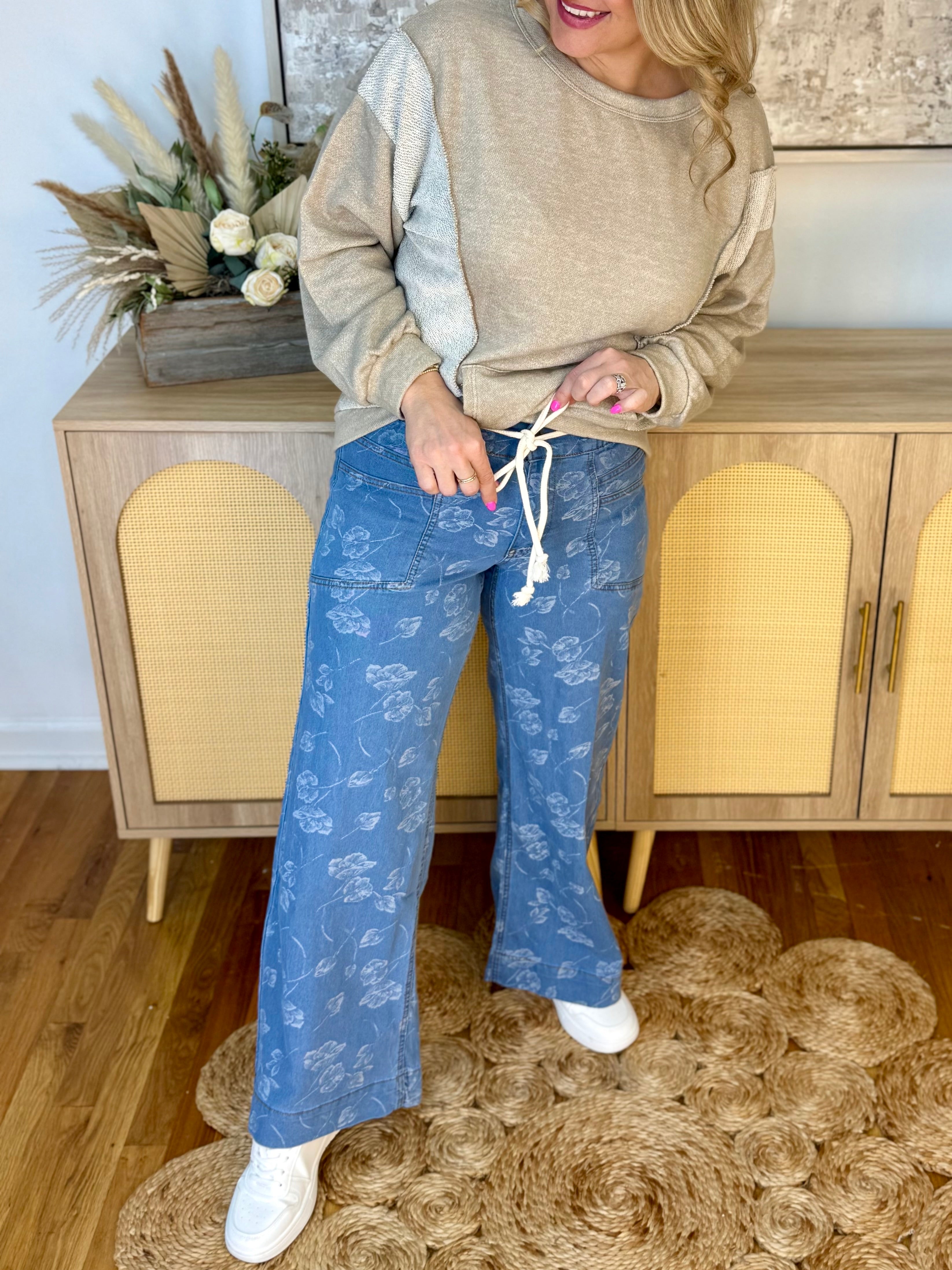 Floral Printed Denim Wide Leg Pants-240 Pants-The Lovely Closet-The Lovely Closet, Women's Fashion Boutique in Alexandria, KY