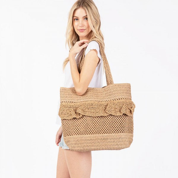 Ruffle Straw Tote - Tan-290 Bag/Handbags-judson-The Lovely Closet, Women's Fashion Boutique in Alexandria, KY