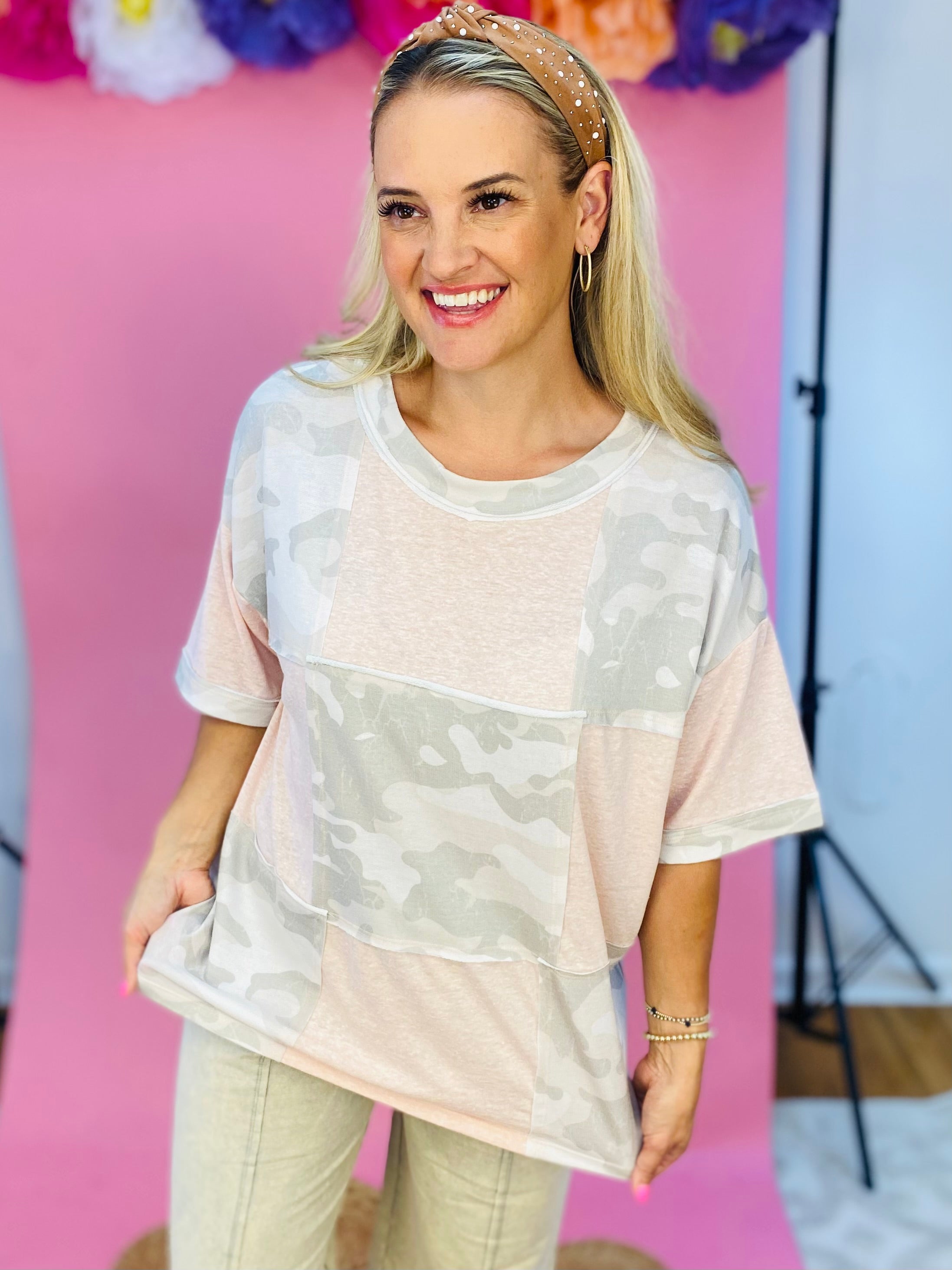 Camo Patchwork Top-100 Short Sleeve Tops-FANTASTIC FAWN-The Lovely Closet, Women's Fashion Boutique in Alexandria, KY