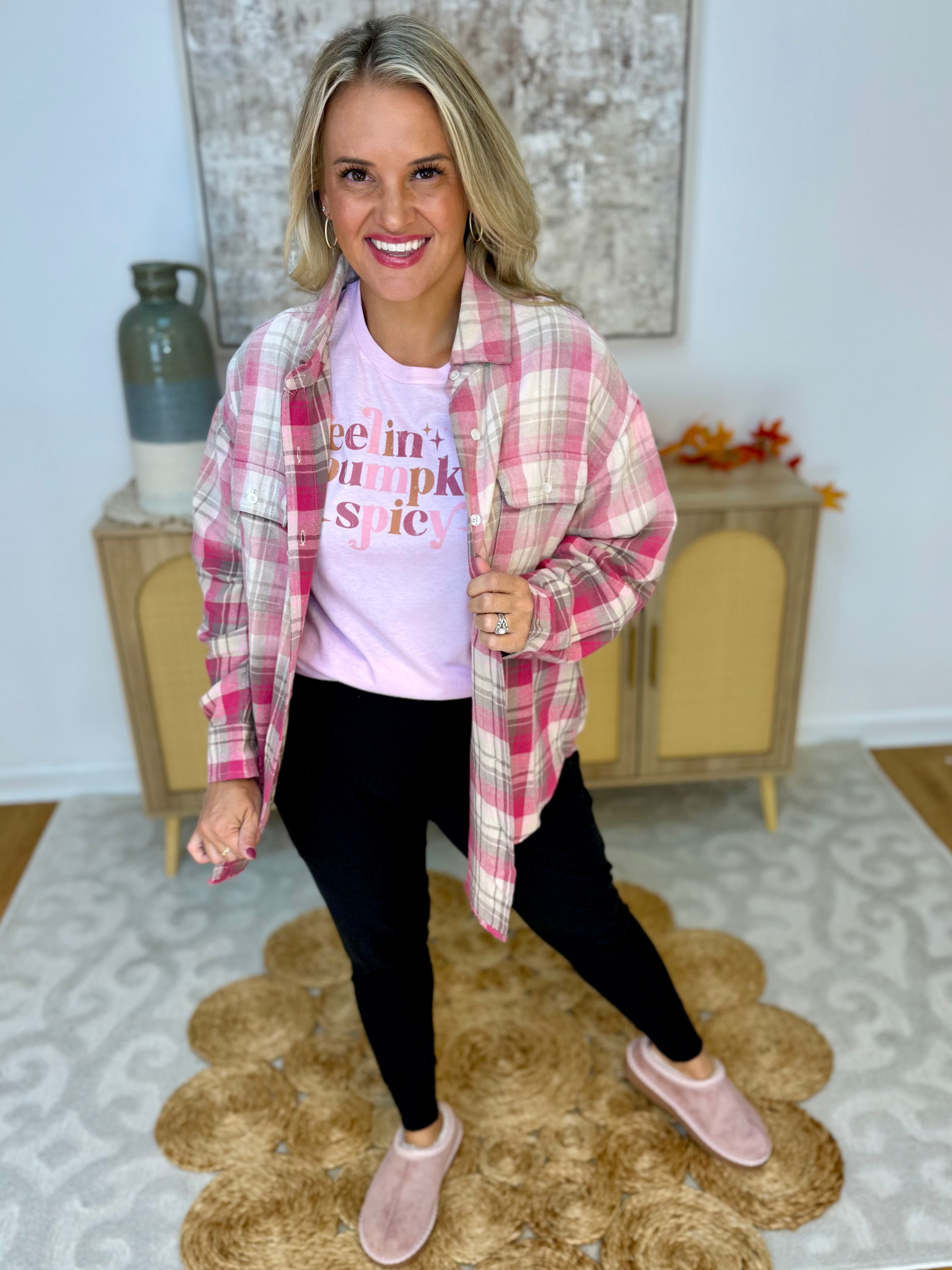 Pink Plaid Ombre Flannel Button Down-110 Long Sleeve Top-White Birch-The Lovely Closet, Women's Fashion Boutique in Alexandria, KY