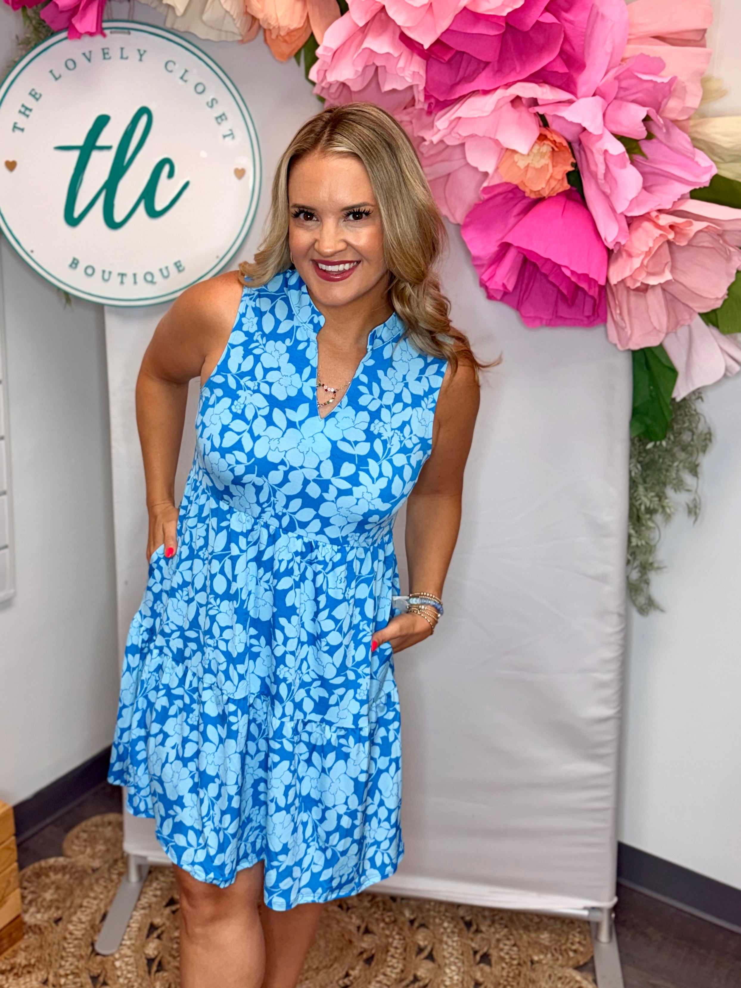 Coastal Blue Floral Lizzy Dress-180 Dresses-Dear Scarlett-The Lovely Closet, Women's Fashion Boutique in Alexandria, KY