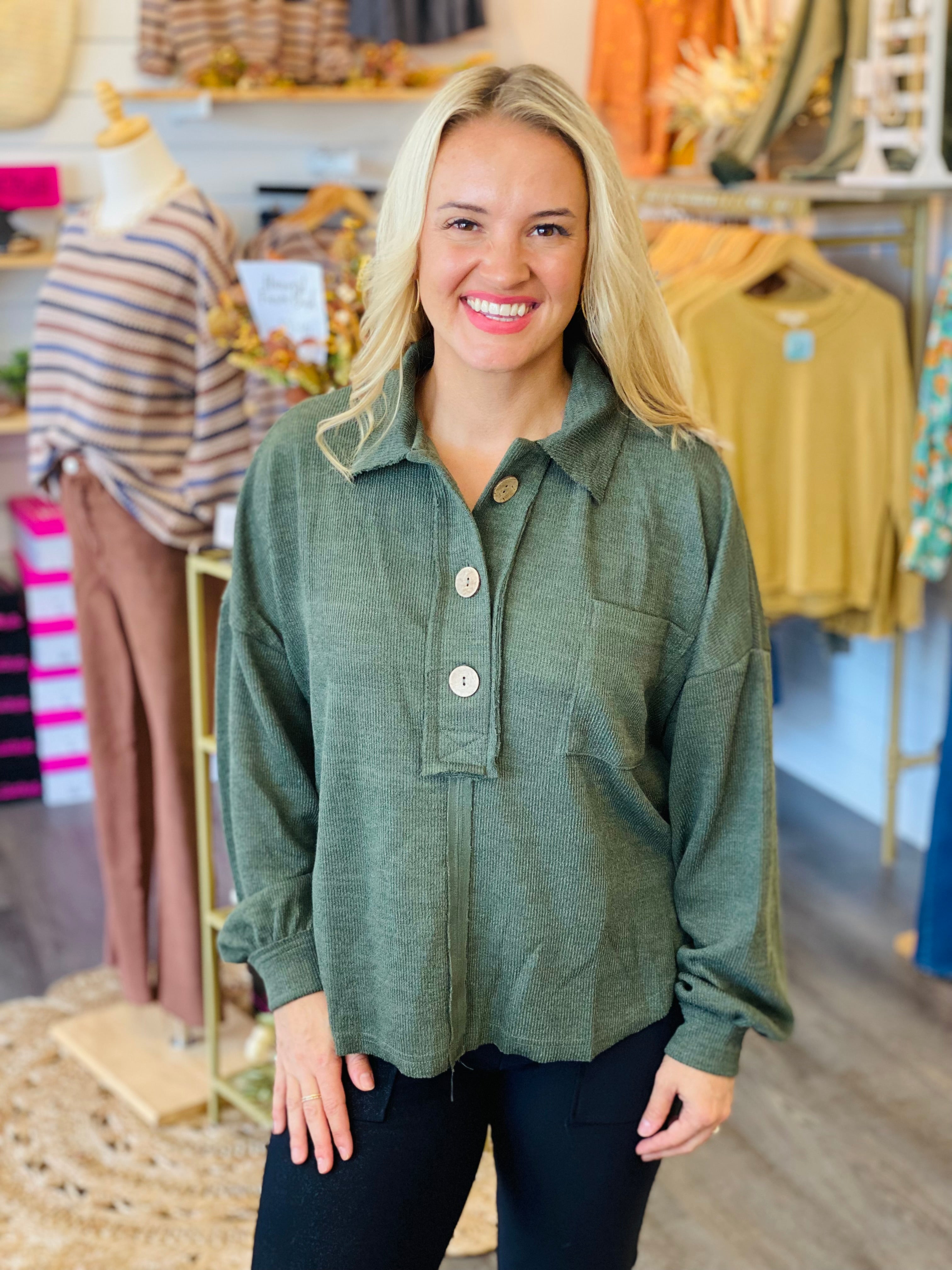 Charm Pullover - Olive Green-110 Long Sleeve Top-Blu Pepper-The Lovely Closet, Women's Fashion Boutique in Alexandria, KY