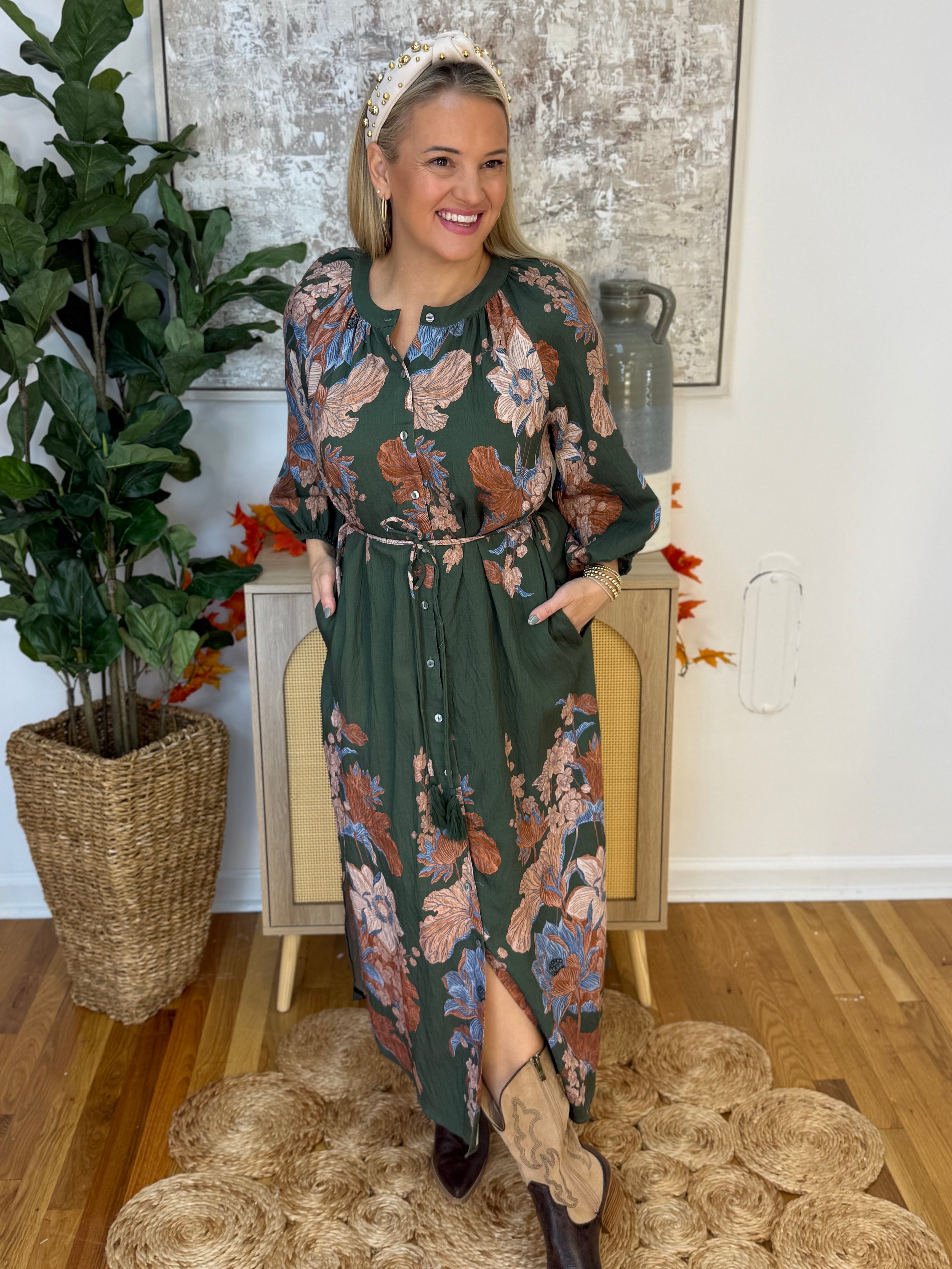 Autumn Escape Midi Dress-180 Dresses-Entro-The Lovely Closet, Women's Fashion Boutique in Alexandria, KY