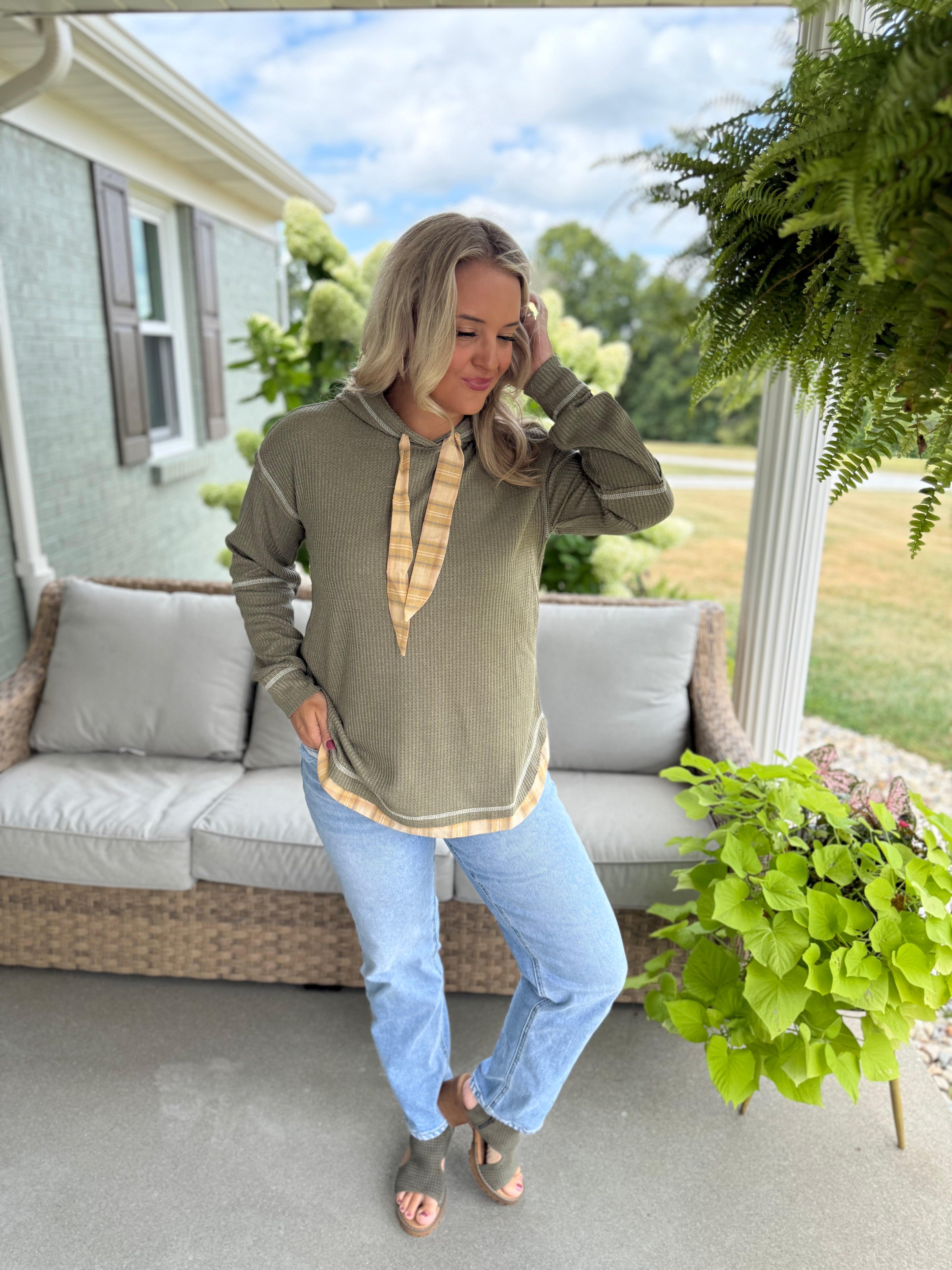 WAFFLE KNIT PLAID DETAIL HOODED PULLOVER-110 Long Sleeve Top-Doe and Rae-The Lovely Closet, Women's Fashion Boutique in Alexandria, KY