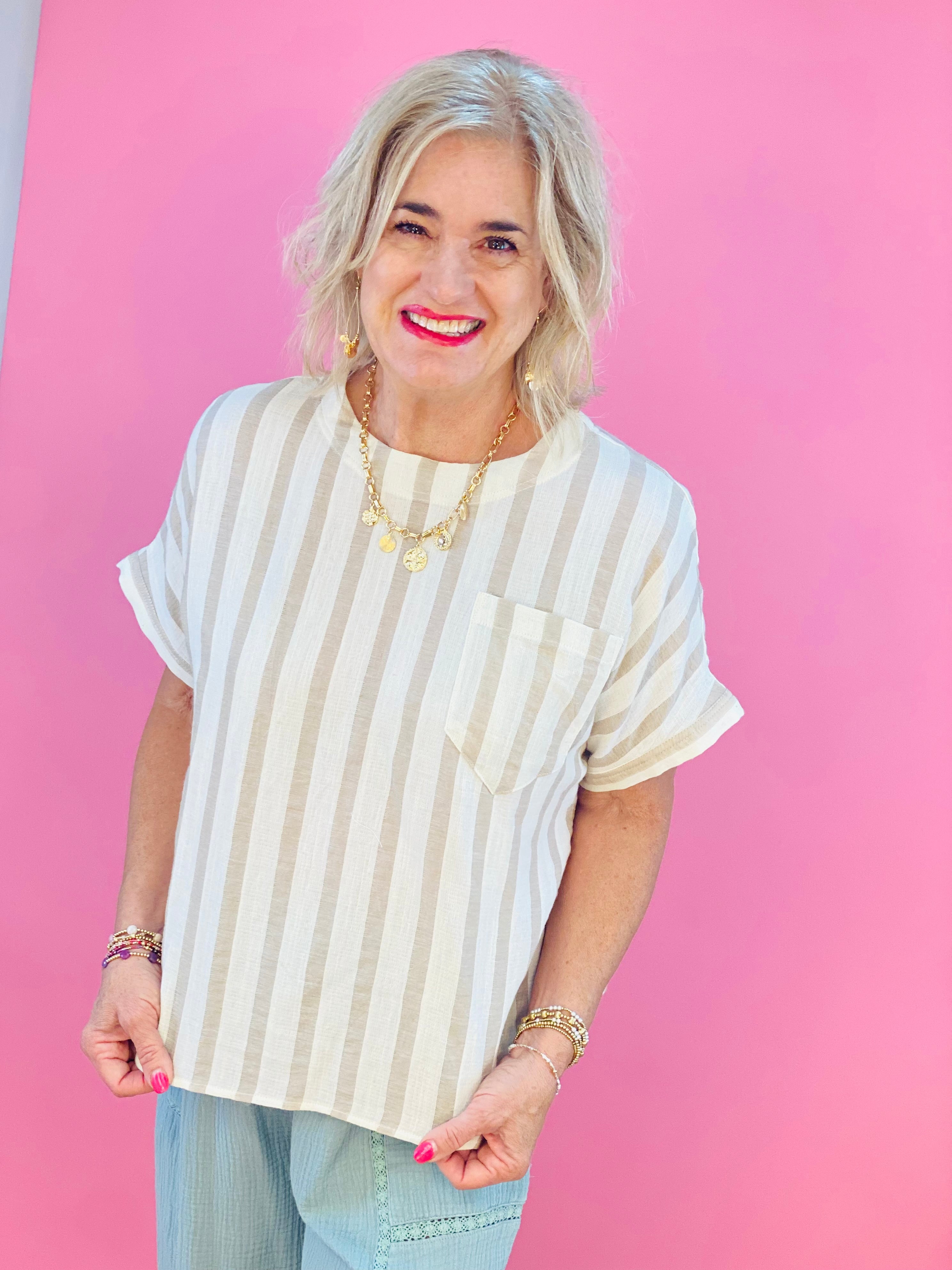 Where My Beaches At Top - Taupe Stripe-100 Short Sleeve Tops-eesome-The Lovely Closet, Women's Fashion Boutique in Alexandria, KY