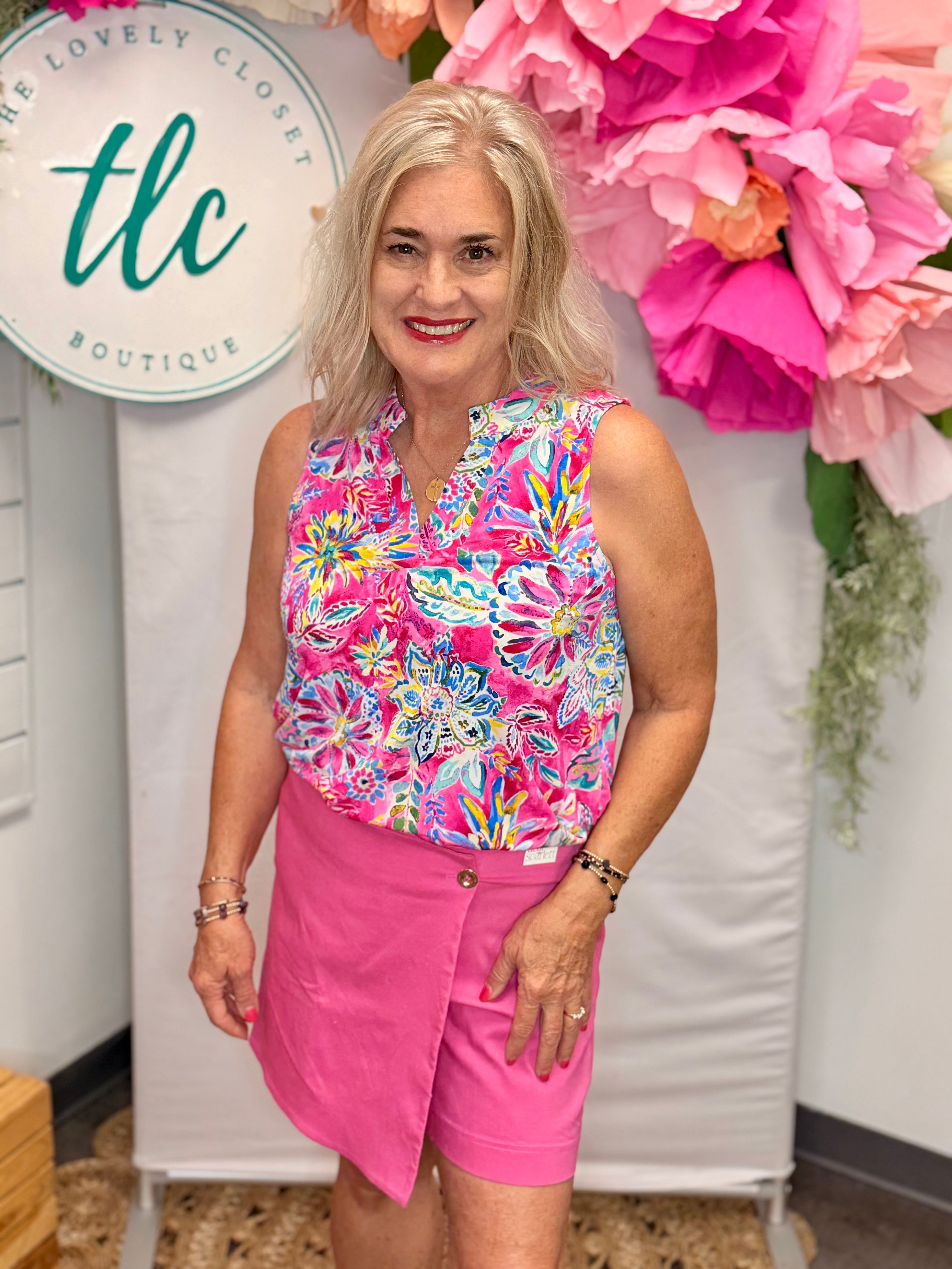 Lizzy Tank - Pink Tropic Zone-120 Sleeveless Tops-Dear Scarlett-The Lovely Closet, Women's Fashion Boutique in Alexandria, KY
