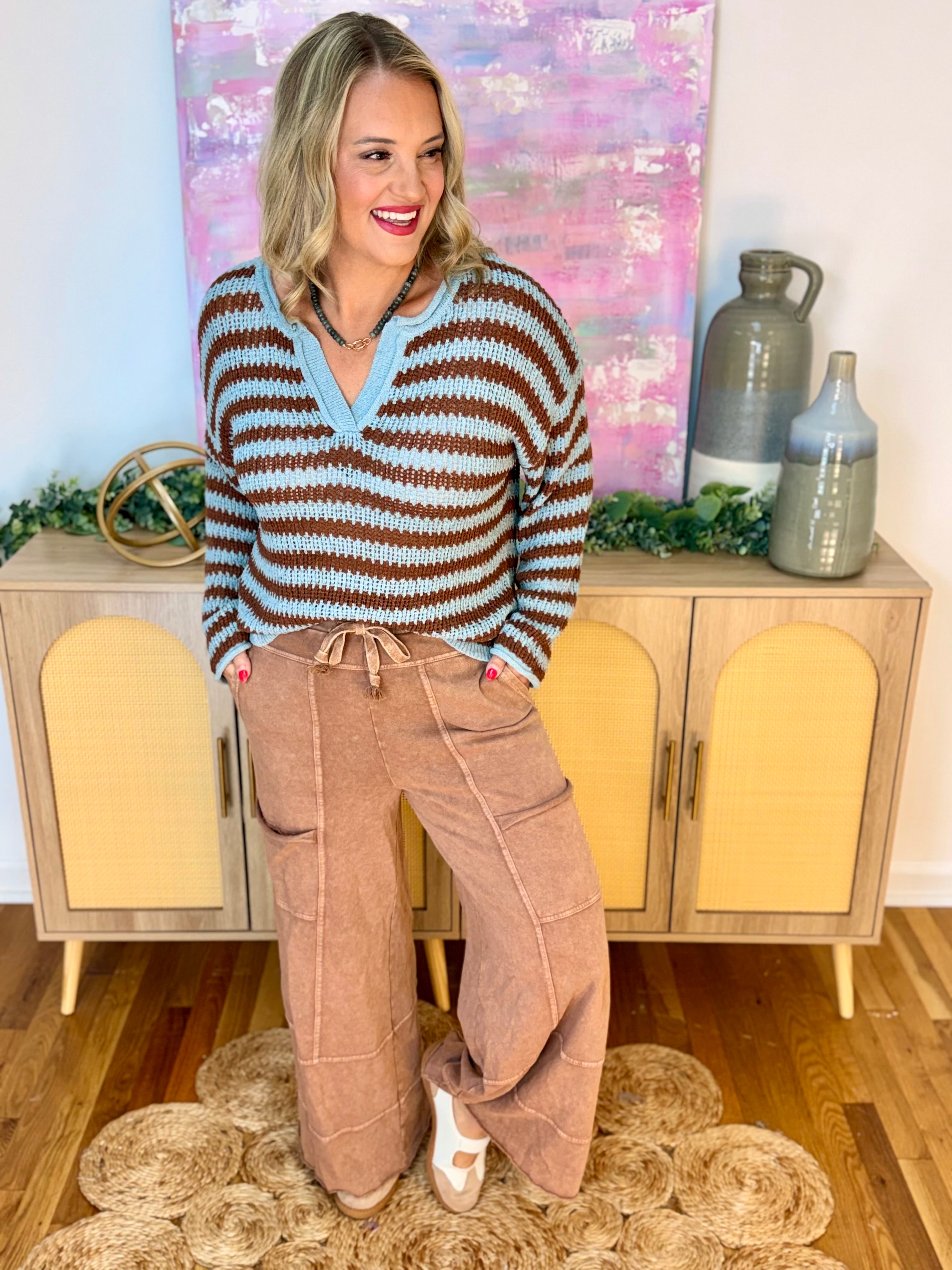 Scenic Route Sweater - Lt. Blue/Brown-110 Long Sleeve Top-Blu Pepper-The Lovely Closet, Women's Fashion Boutique in Alexandria, KY