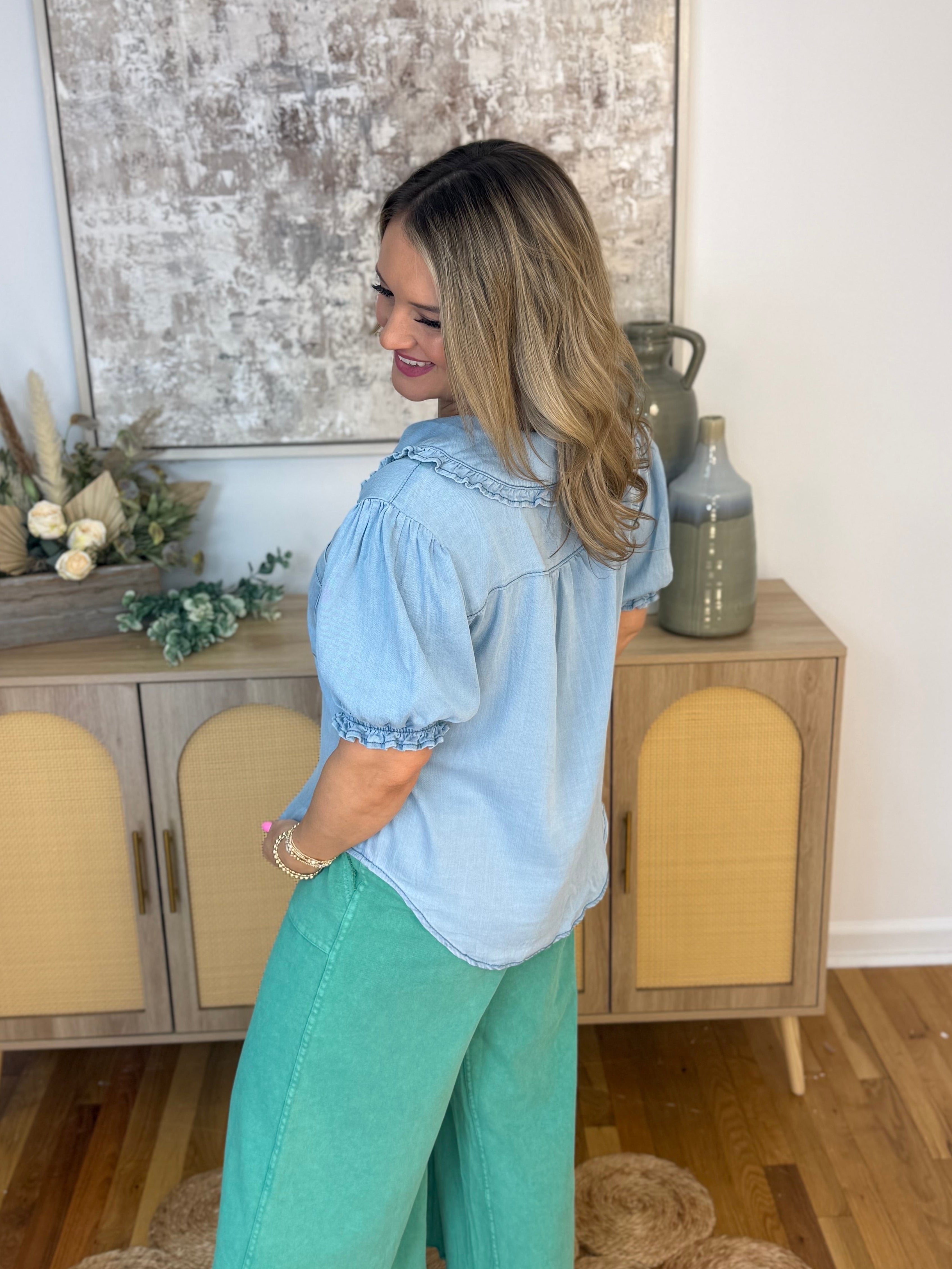 Chase the Sun Chambray Button Down Top-100 Short Sleeve Tops-easel-The Lovely Closet, Women's Fashion Boutique in Alexandria, KY