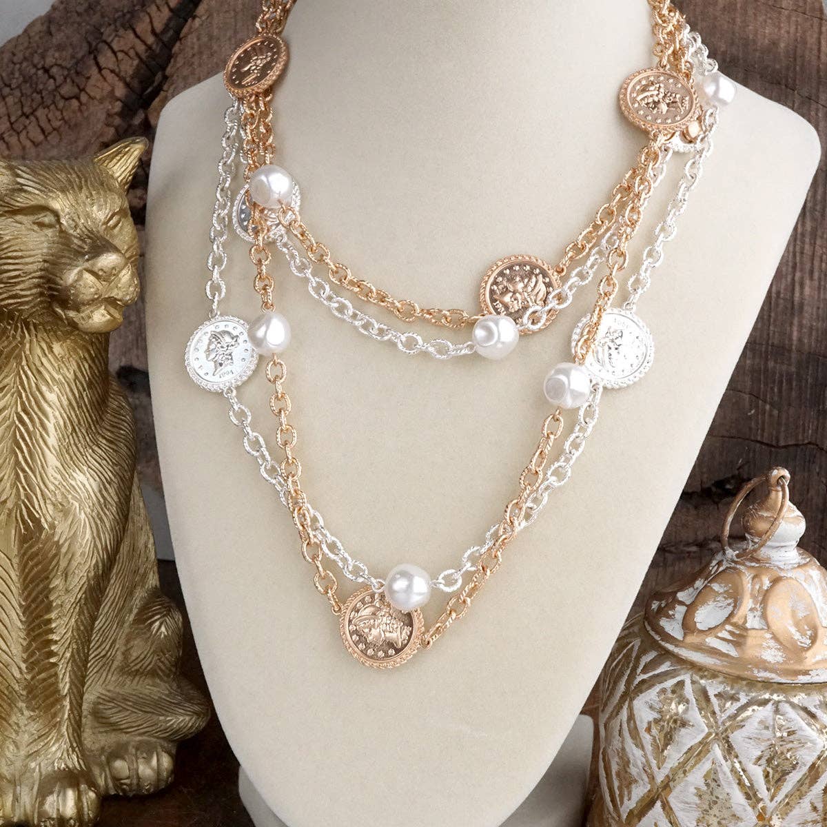 Starlit Relics – Coin & Pearl Station Necklace: Worn Gold Tone-250 Jewelry-PennyLine inc-The Lovely Closet, Women's Fashion Boutique in Alexandria, KY