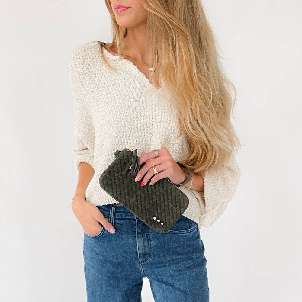 Suede Emma Woven Clutch Wristlet: Chocolate-crossbody/wristlet-Pretty Simple-The Lovely Closet, Women's Fashion Boutique in Alexandria, KY