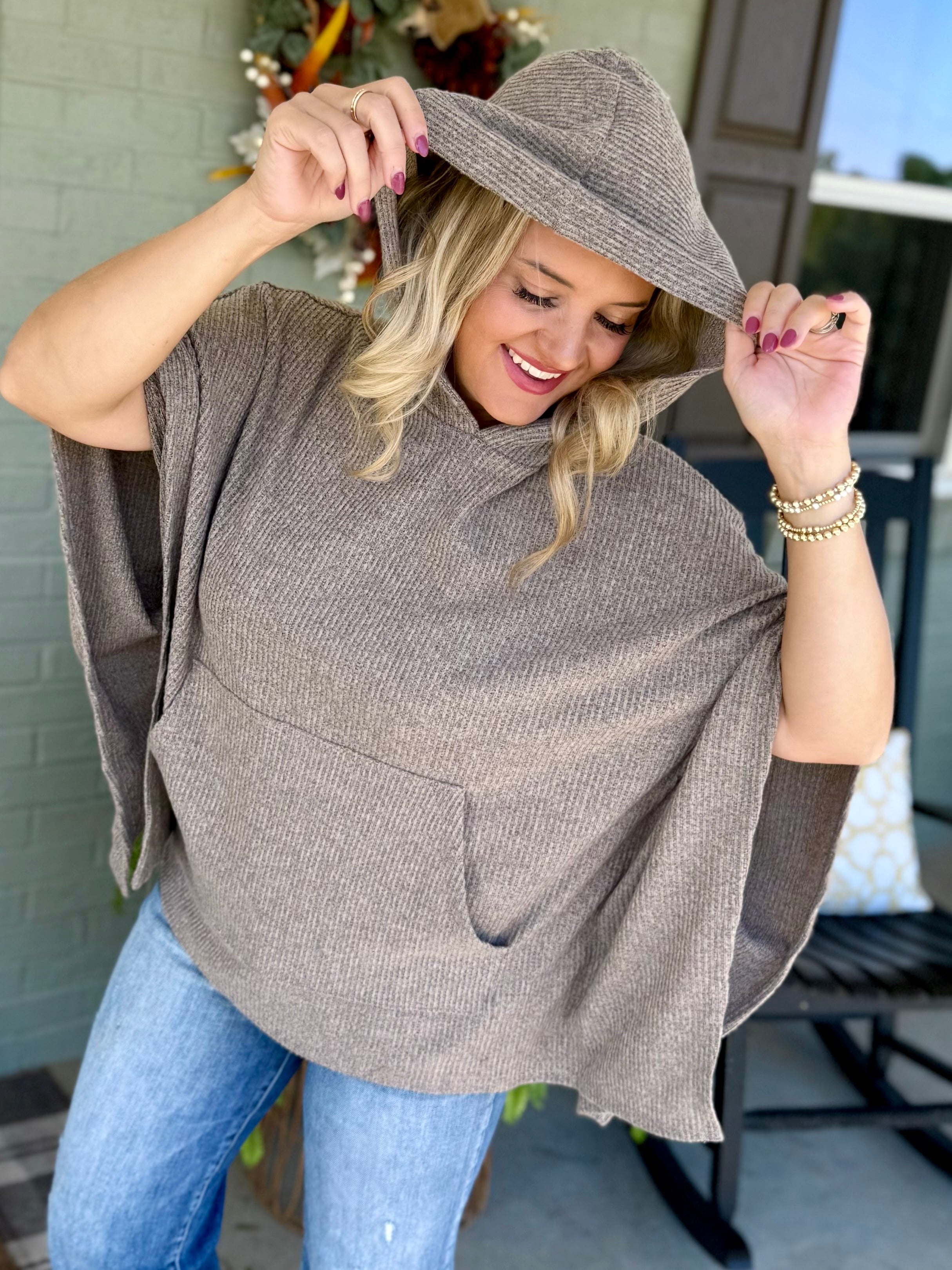 Ribbed Knit Poncho Top - Stone-170 Jackets/Outerwear-Dear Scarlett-The Lovely Closet, Women's Fashion Boutique in Alexandria, KY