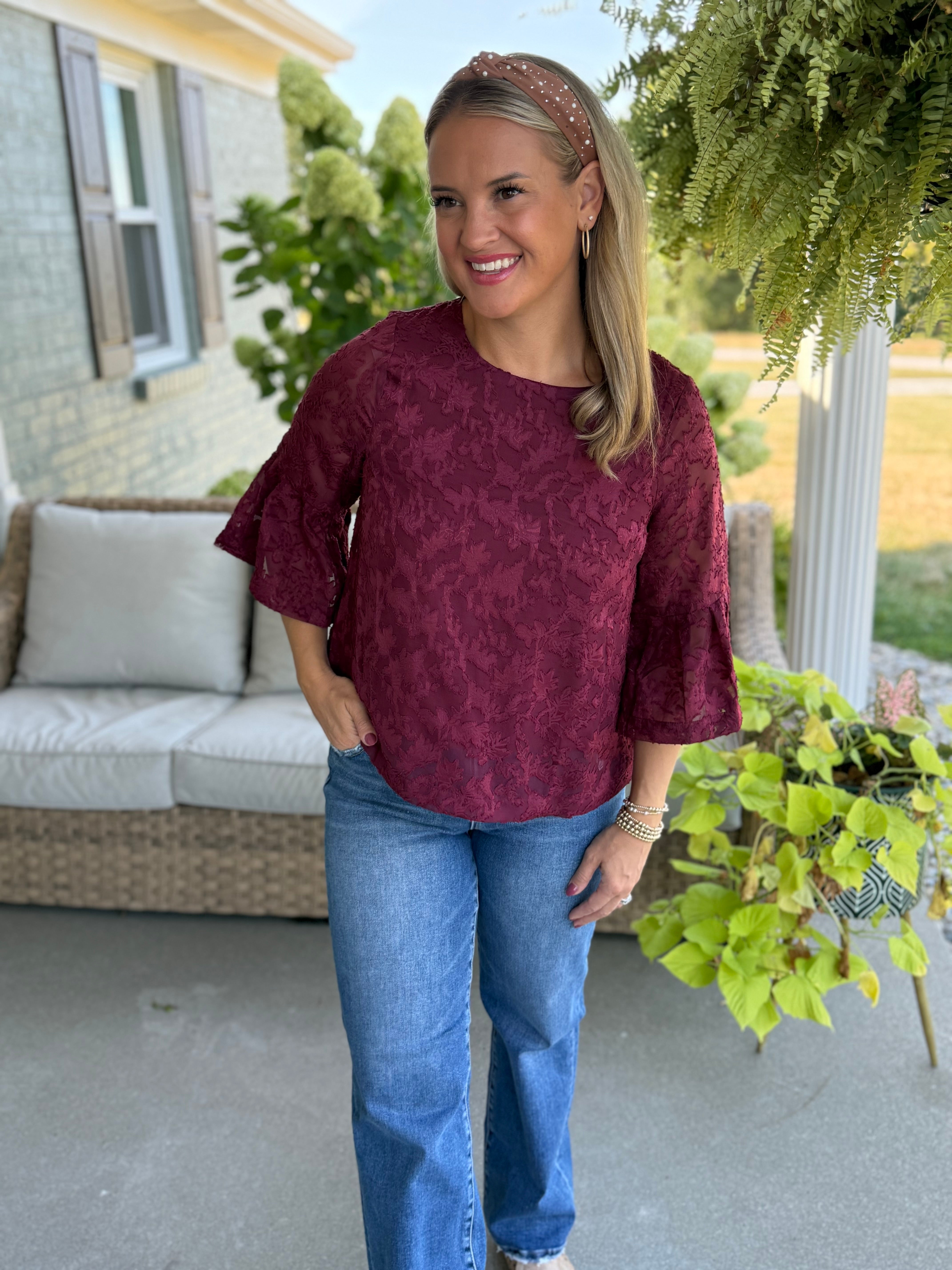 FINAL SALE- September Stroll Jacquard Bell Sleeve Chiffon Blouse-100 Short Sleeve Tops-Anniewear-The Lovely Closet, Women's Fashion Boutique in Alexandria, KY