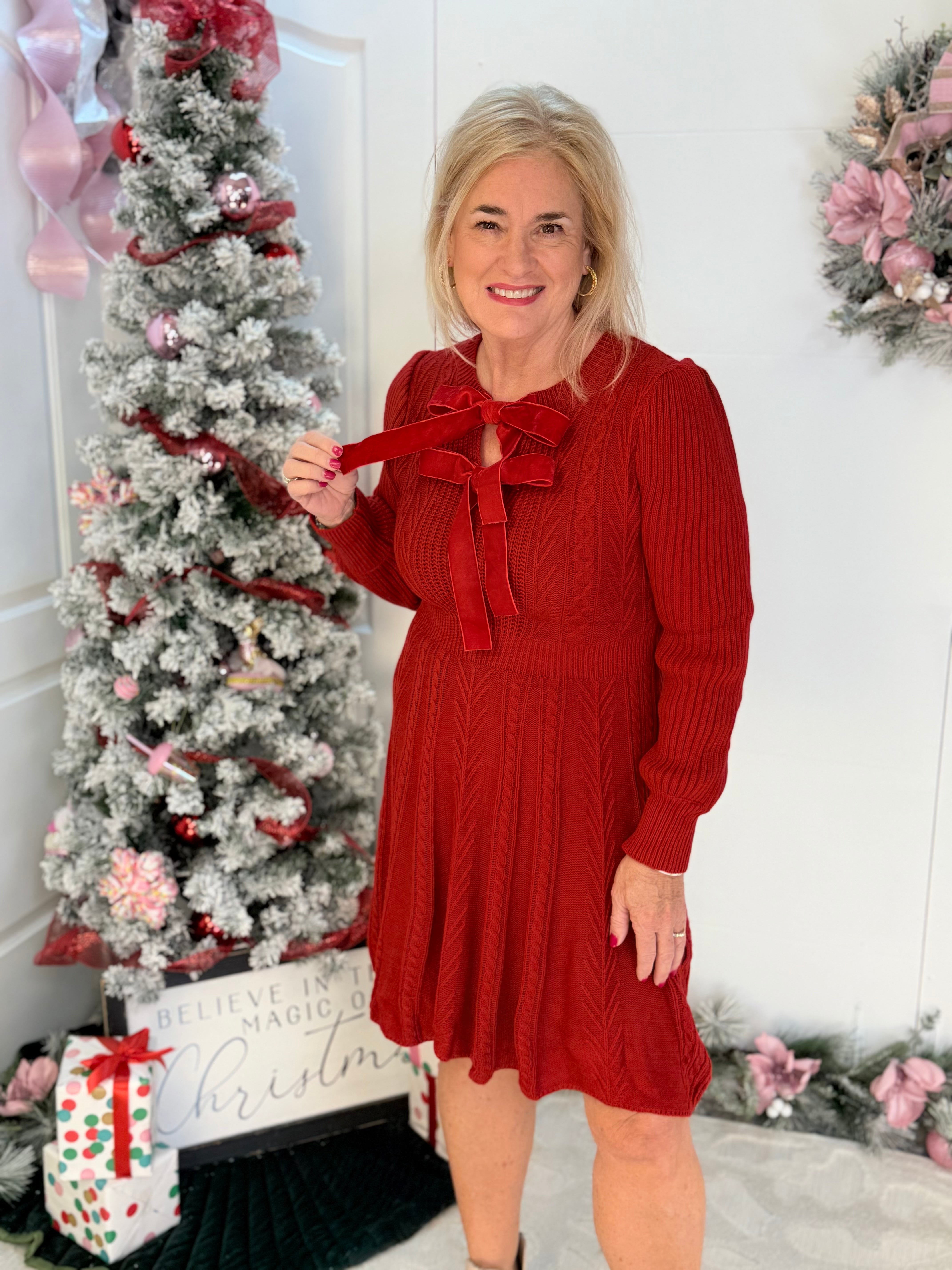 FINAL SALE - Christmas Velvet Bow Cable Sweater Dress-110 Long Sleeve Top-Bibi-The Lovely Closet, Women's Fashion Boutique in Alexandria, KY