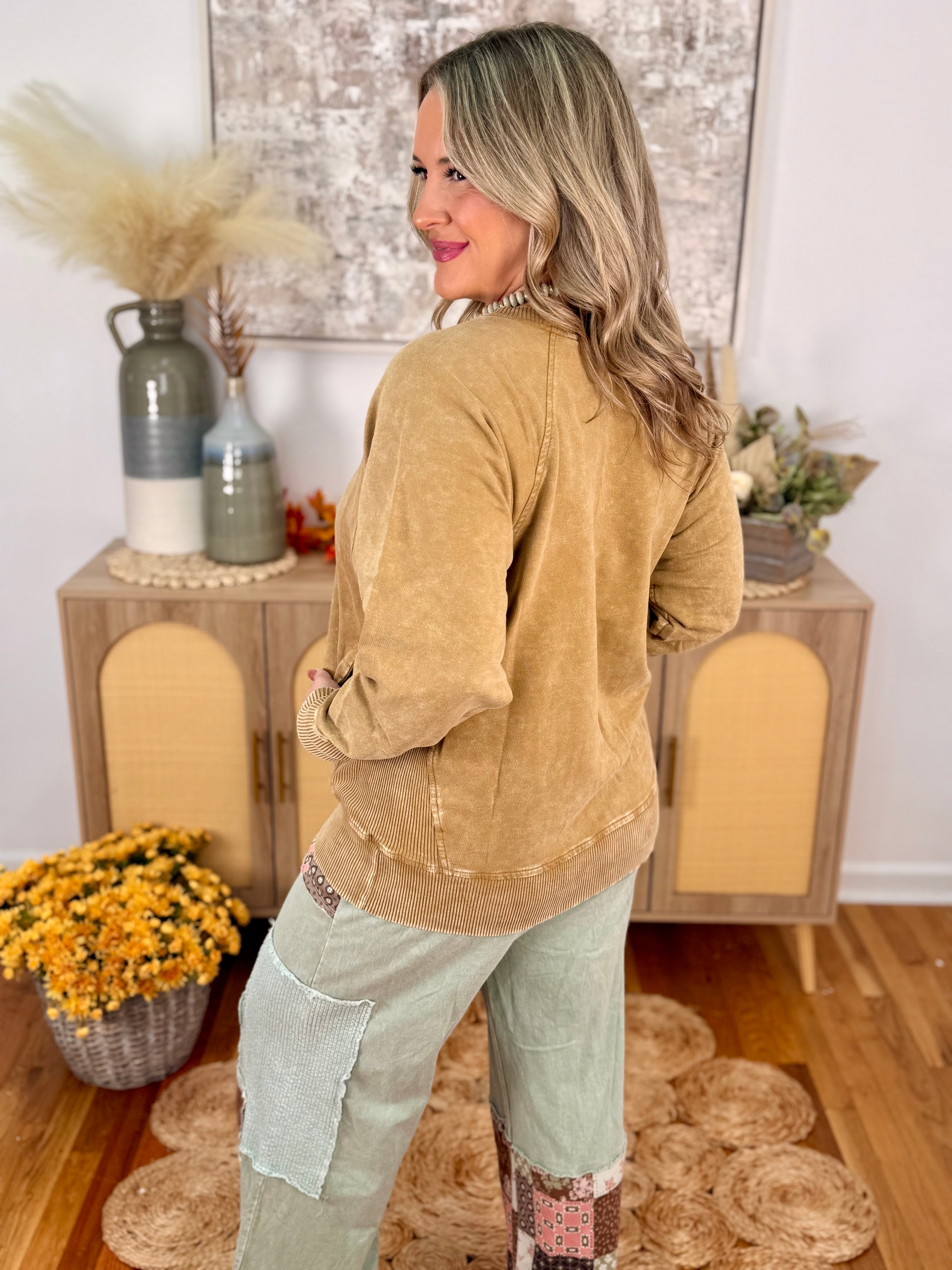 Run Around Acid Wash Pullover - Camel-150 Sweatshirts-The Lovely Closet-The Lovely Closet, Women's Fashion Boutique in Alexandria, KY