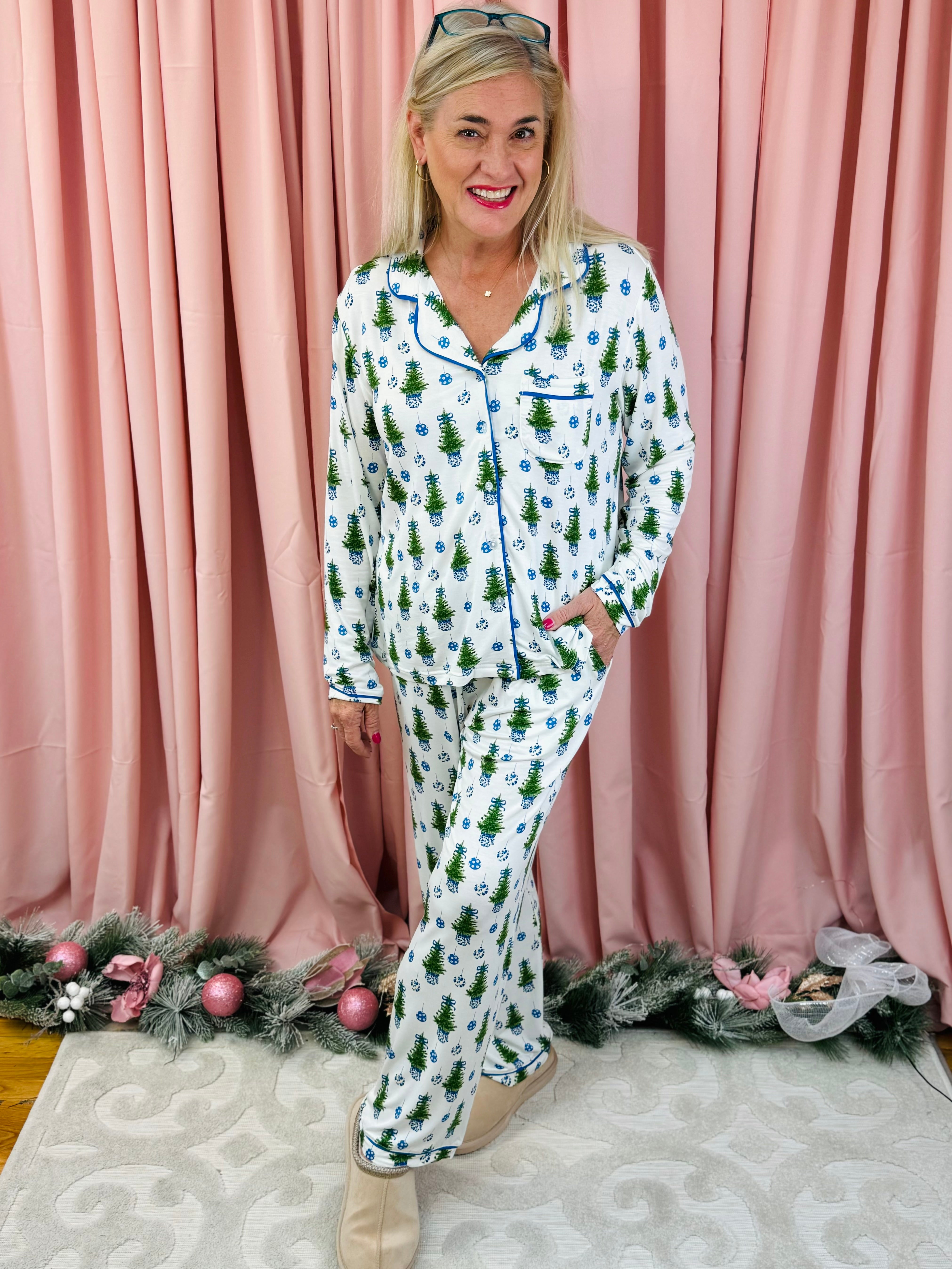 Mary Square Luxury Pajamas - Fancy & Festive Blue-350 Holiday-Mary Square-The Lovely Closet, Women's Fashion Boutique in Alexandria, KY